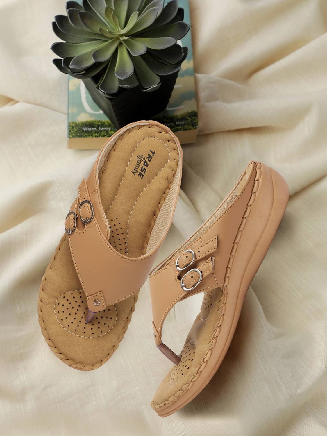 TRASE Women Soft Doctor Flats Sandal (Tan , 7)