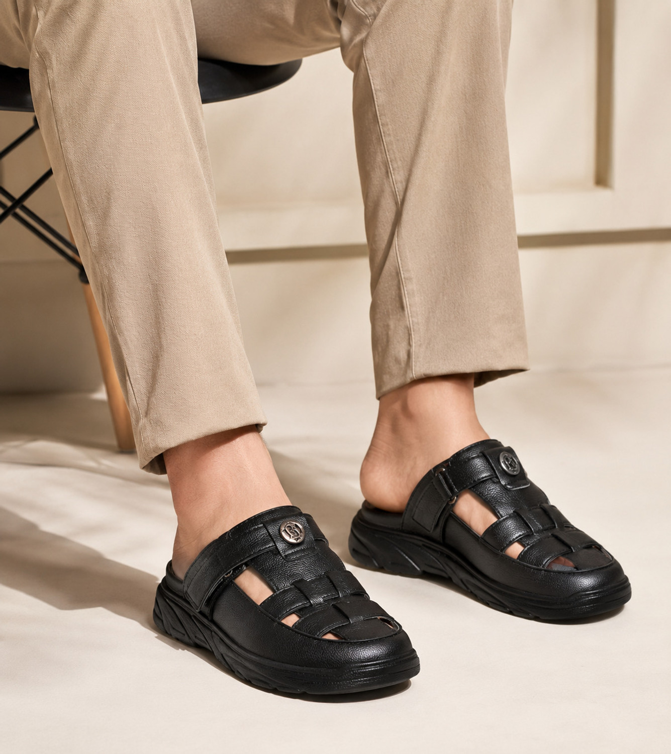 Image of Real Bliss Black Leather-Look Casual Sandals Men Flats