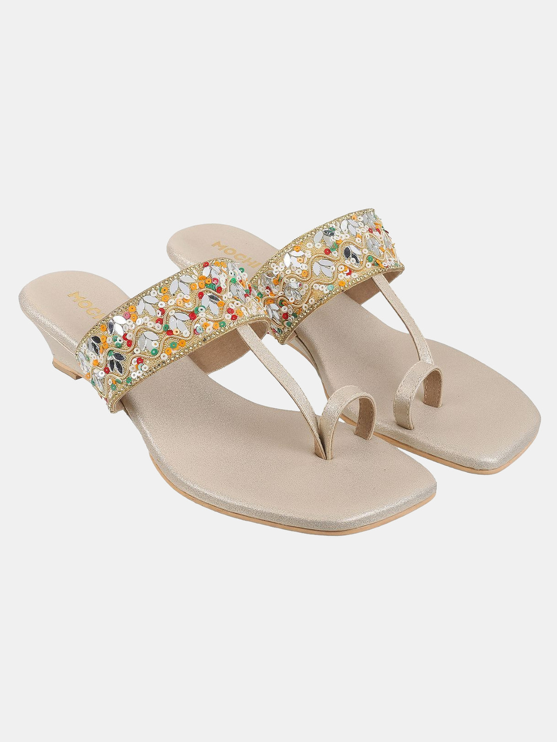 Image of MOCHI Women EthnicEmbellishedOneToe Heels Sandal (Multicolor, 4)