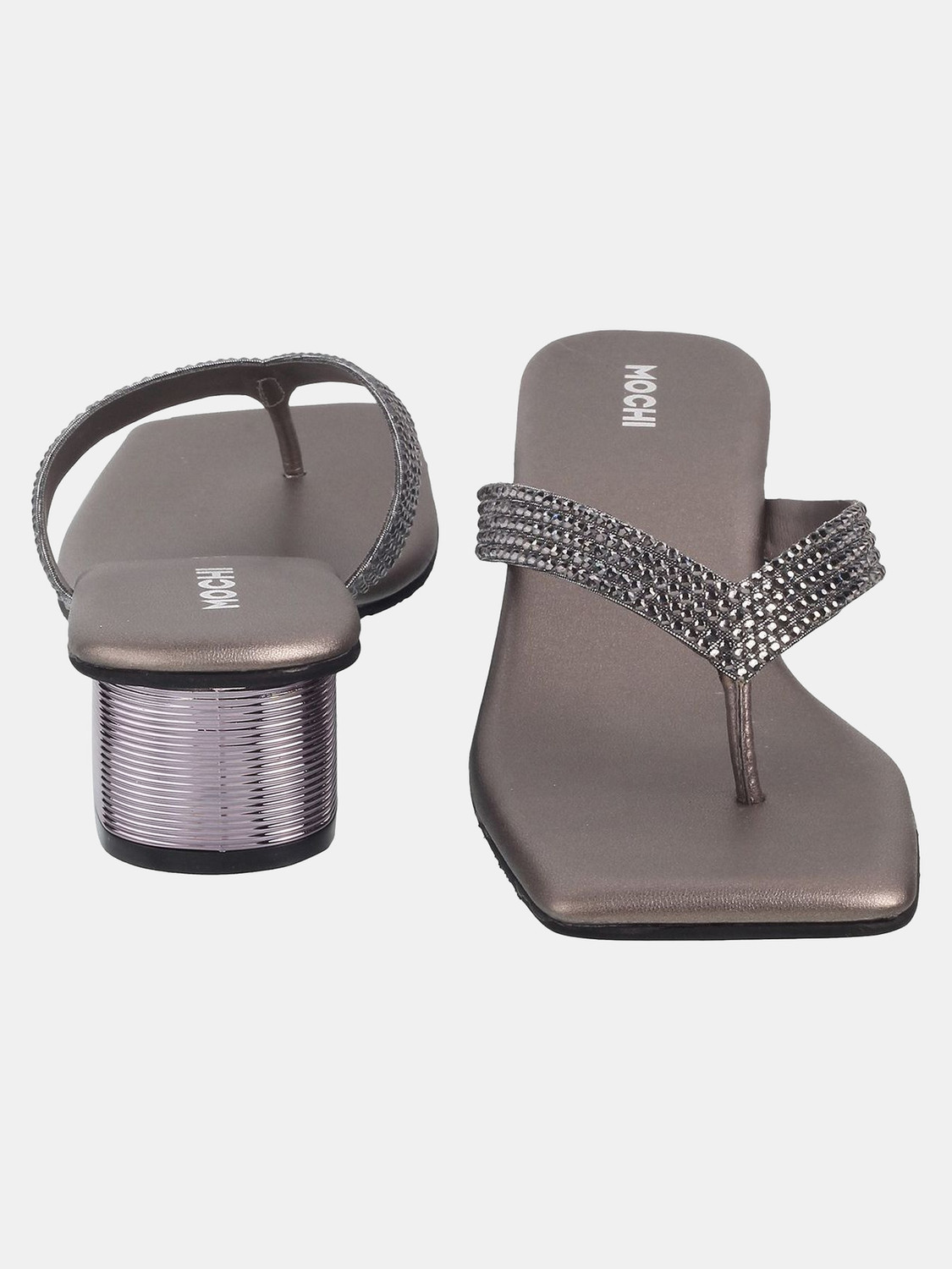 Image of MOCHI Women GreyEmbellishedBlock Heels Sandal (Grey, 4)
