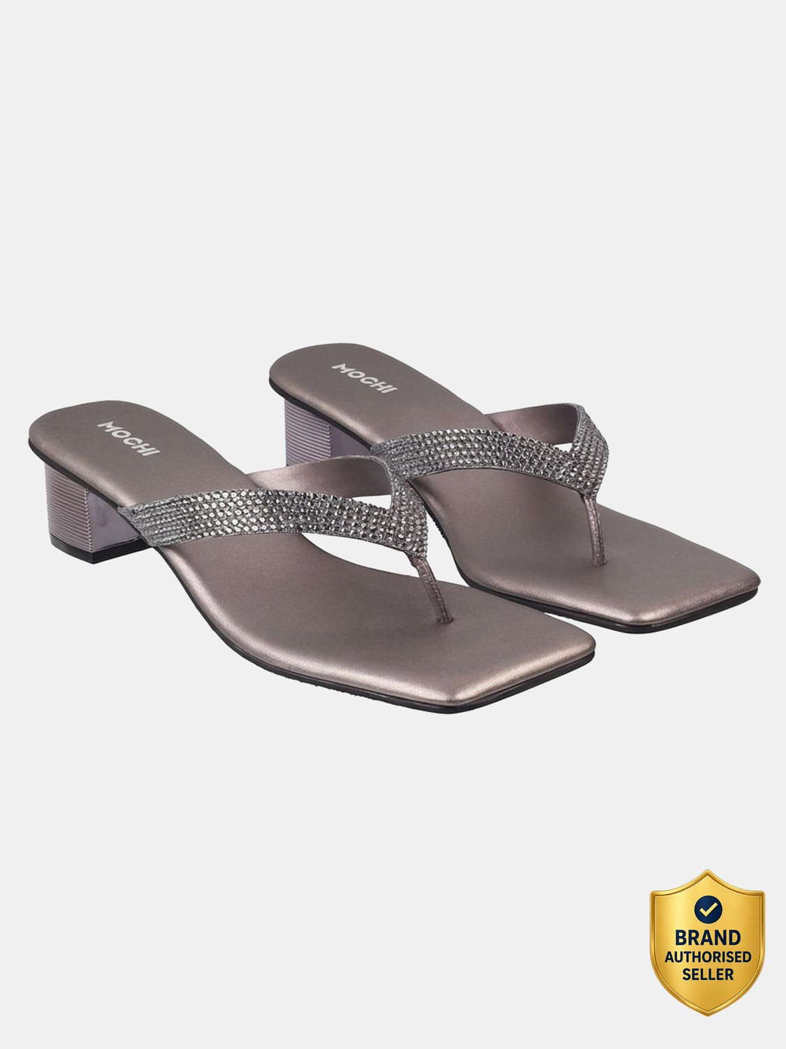 Image of MOCHI Women GreyEmbellishedBlock Heels Sandal (Grey, 4)