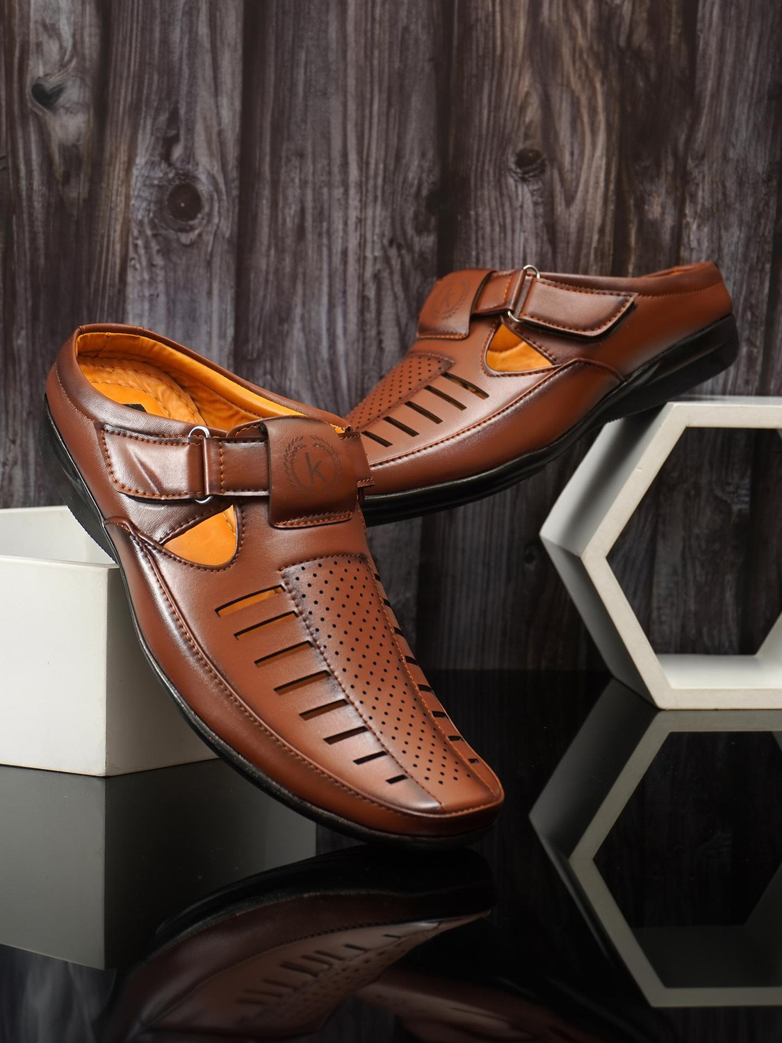 Image of kickonus Men's Tan Formal Sandal | Synthetic Leather, Cushioned Insole, Non-Slip Sole Loafers For Men