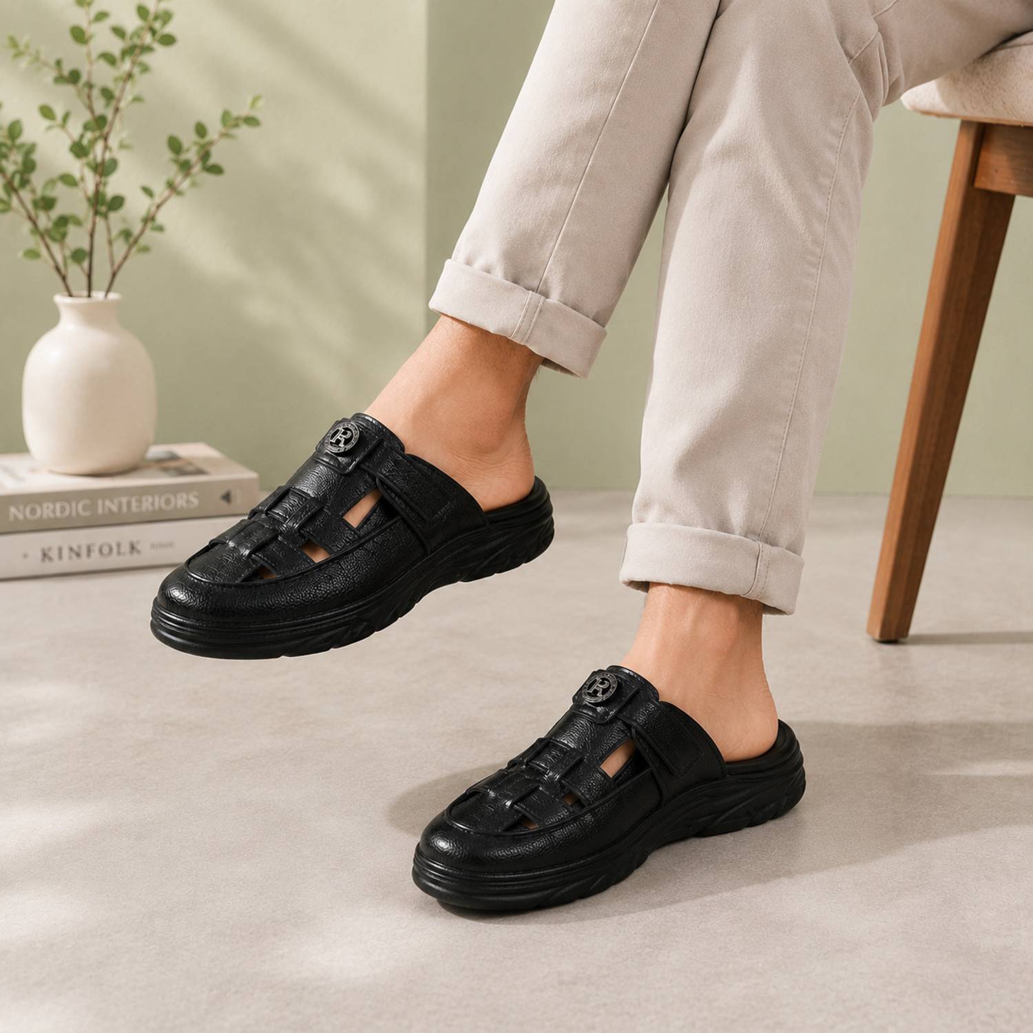Real Bliss Black Leather-Look Men Casual Sandals - Image 4