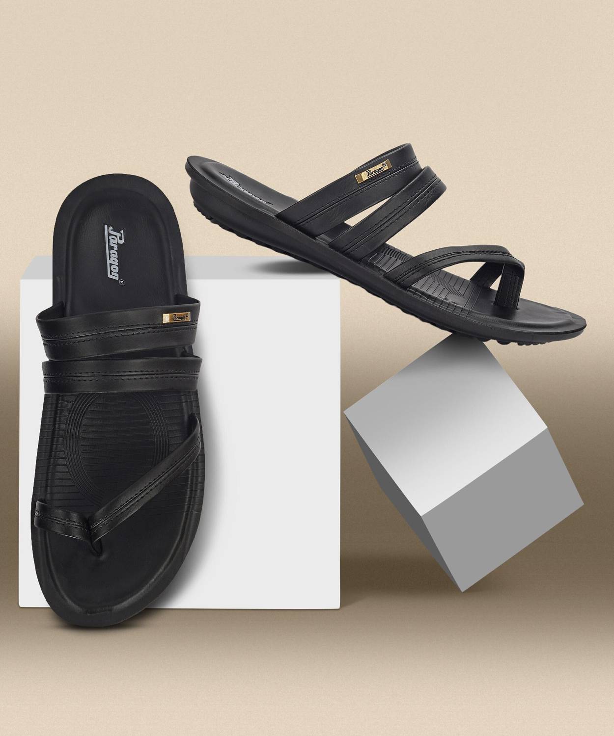 PARAGON Men\'s Black Leather Sandals Paragon Mens Black Vertex Flip-Flops - (Pu6729G-Black) in  main image 3