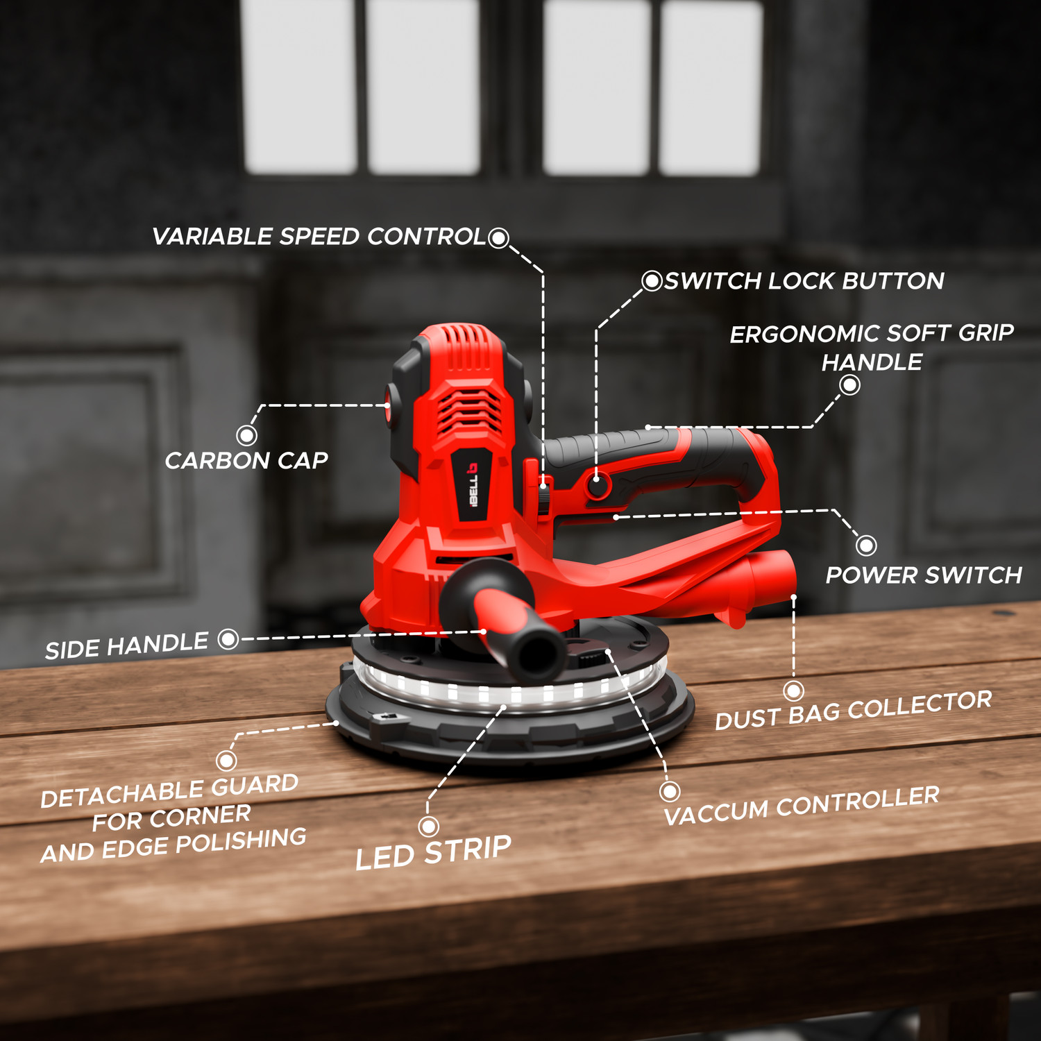 Image of iBELL IBL DS80-90 Dry Wall Sander 800W, Variable Speed, LED Light & 8-Hole Vacuum Support 7 inch Random Orbital Sander