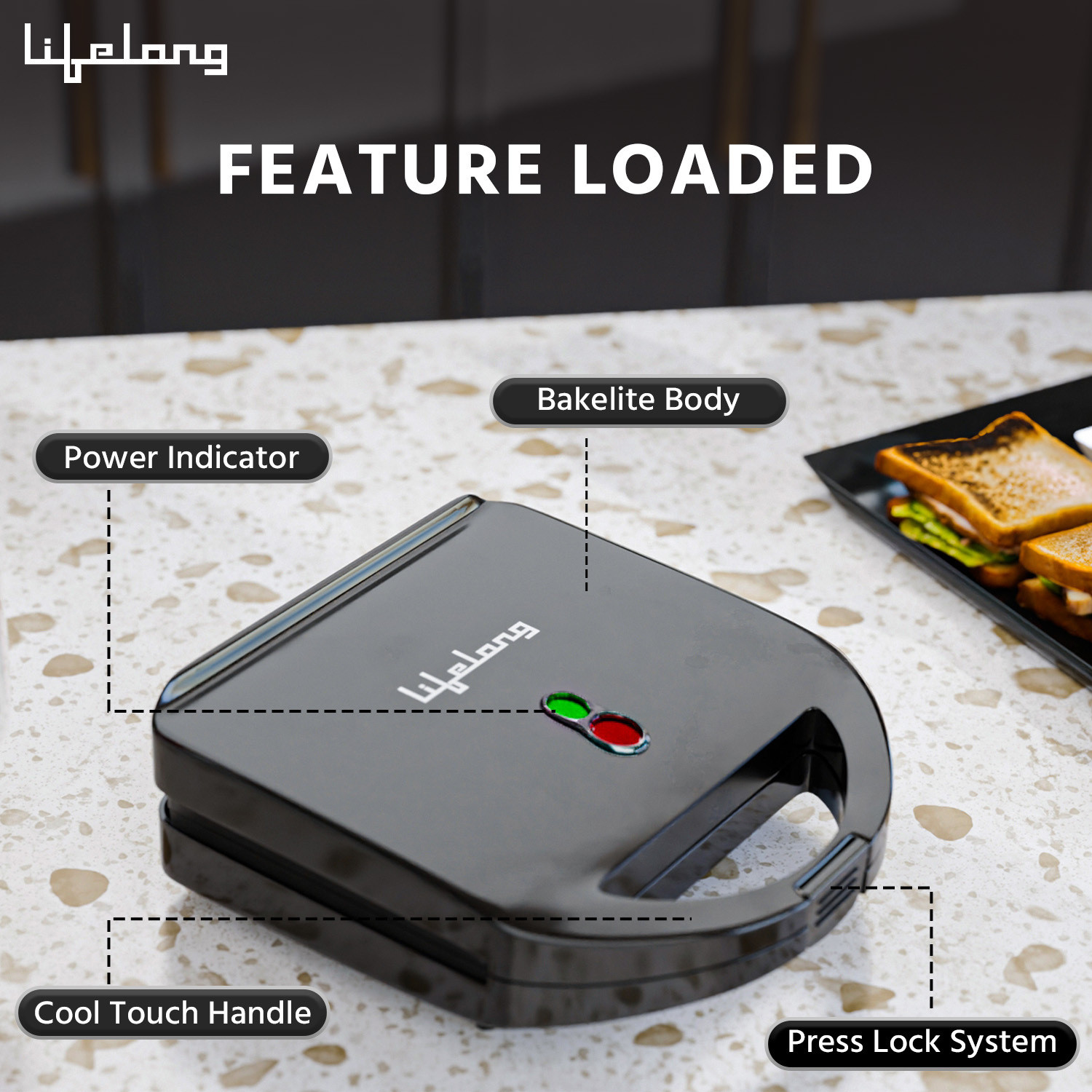 Image of Lifelong Classic Pro 750 W Sandwich Maker with 4 Slice Non-Stick Fixed Plates Grill Sandwich Maker