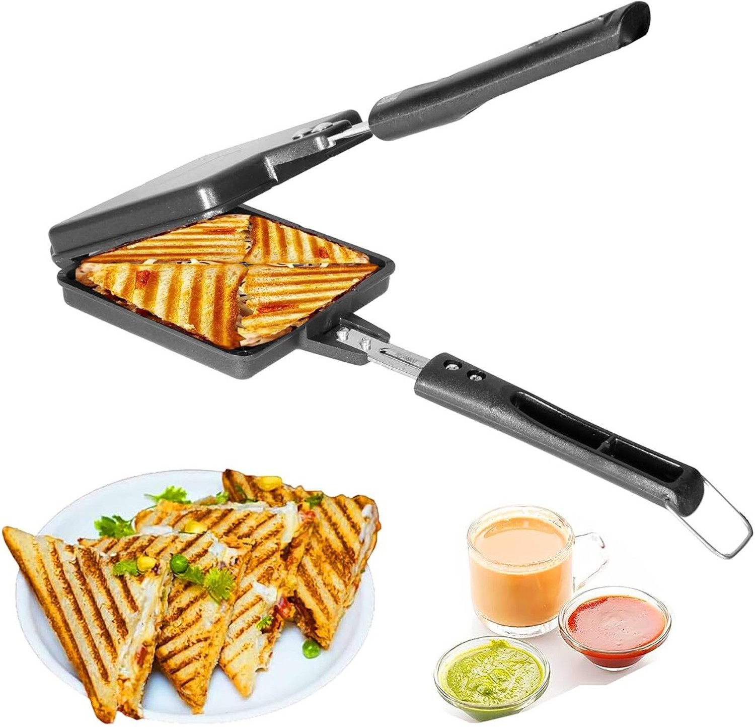Image of RECTITUDE Thickness Grill Sandwich Maker Compatible with Jumbo Grill Gas Long Cool Handles 2 W Pop Up Toaster