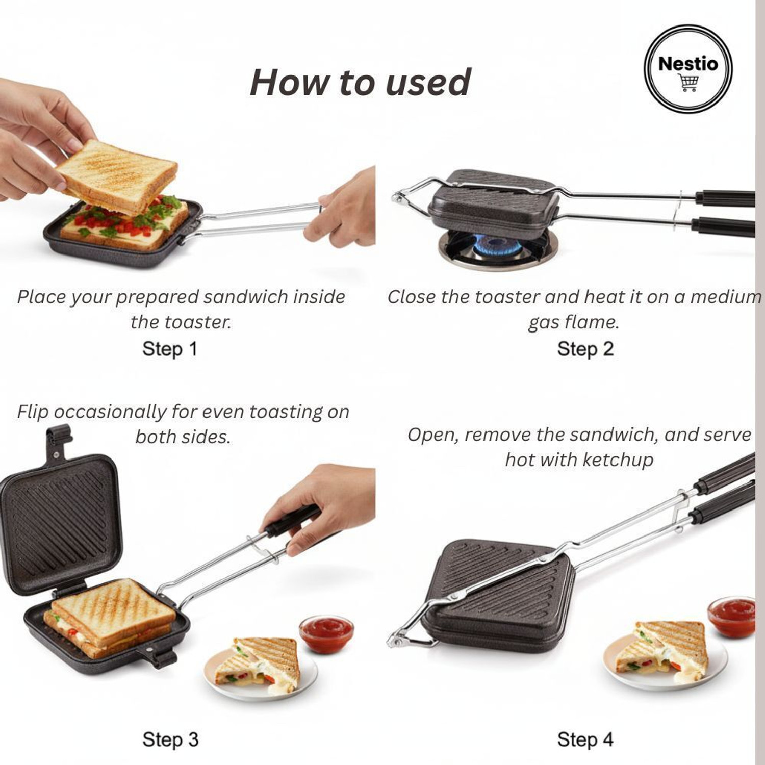 Image of Nestio by Nestio Gas Sandwich Maker Non-Stick bread toaster pack of 1 Grill, Toast