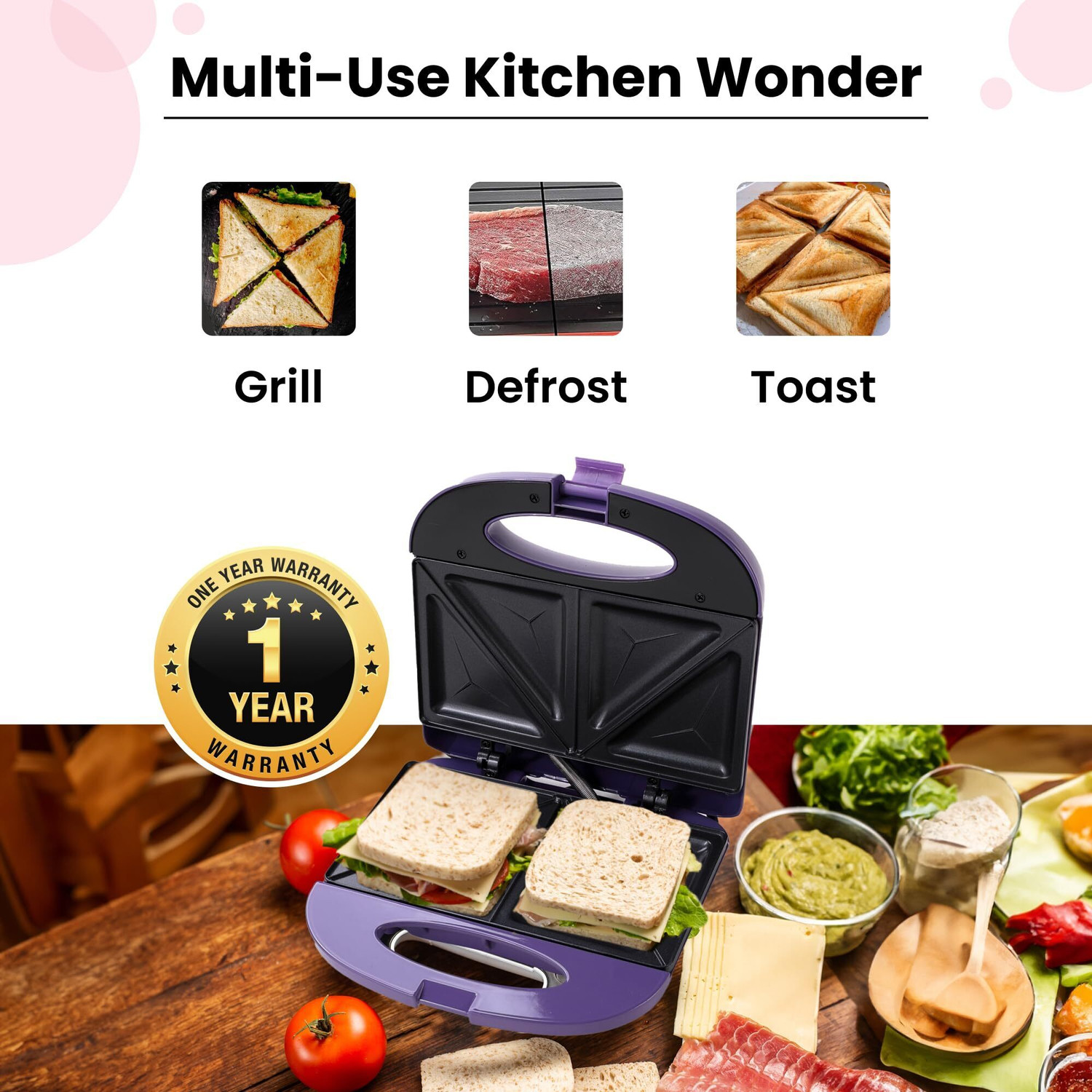 Image of The Better Home by Fumato Presswich 750W Sandwich Maker, 2 Slice Grill, Non-Stick Grill Plates,3- 1 Grill Sandwich Maker