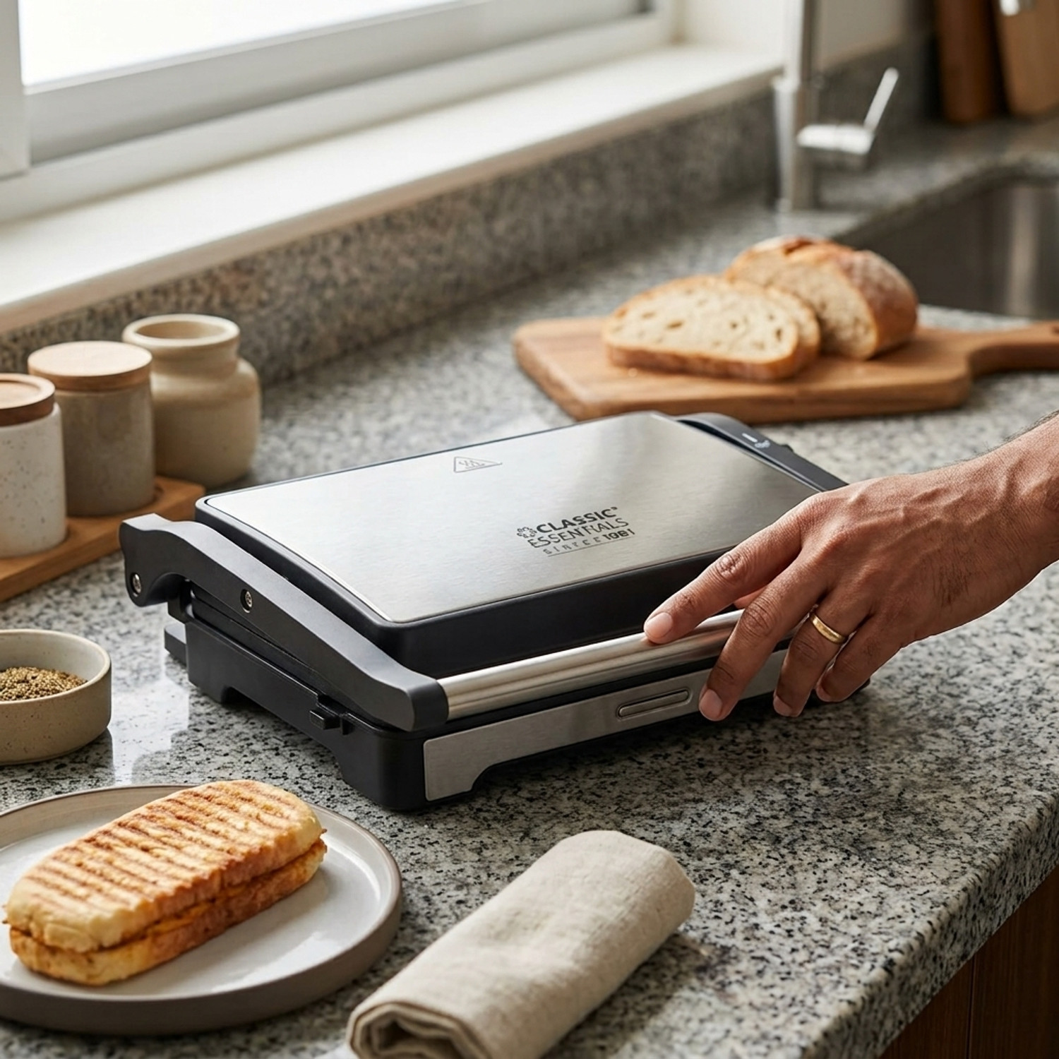 Image of Classic Essentials 1000W Sandwich Maker & Grill Toaster | Non-Stick Grill Plates | 180 Open Grill Grill, Toast