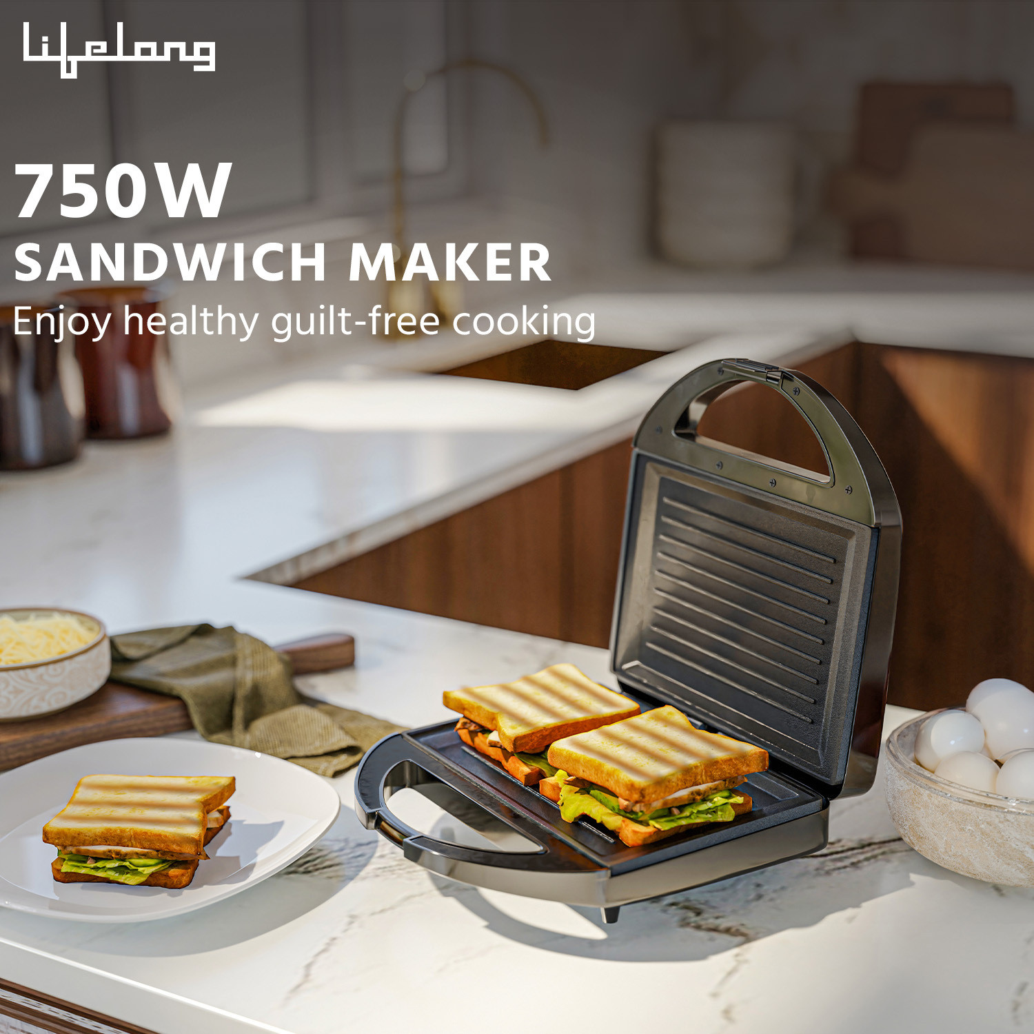 Image of Lifelong Classic Pro 750 W Sandwich Maker with 4 Slice Non-Stick Fixed Plates Grill Sandwich Maker