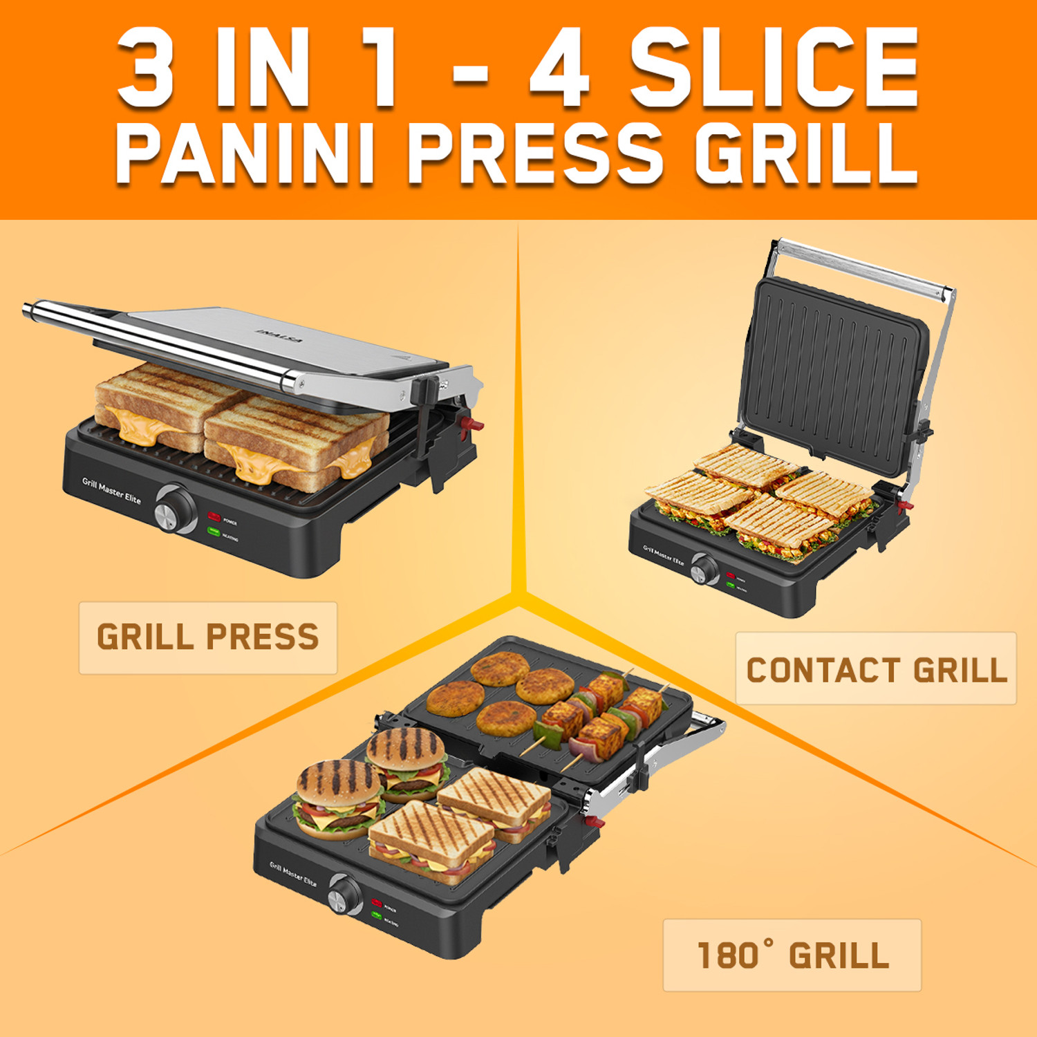 Image of Inalsa Grill Master Elite|Sandwich Maker|2200W|Large Cooking Surface|Griddle Function Grill Sandwich Maker