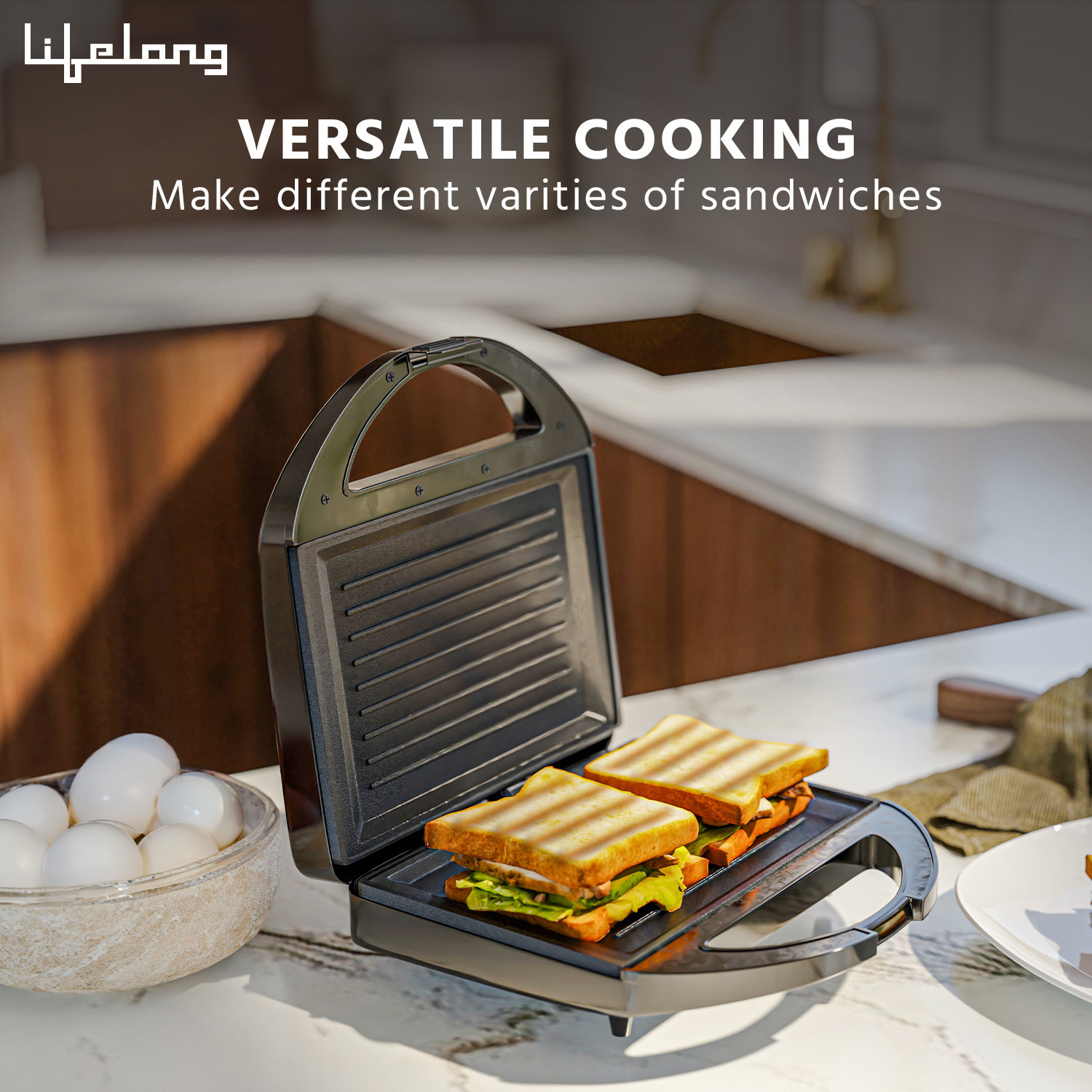 Image of Lifelong Classic Pro 750 W Sandwich Maker with 4 Slice Non-Stick Fixed Plates Grill Sandwich Maker