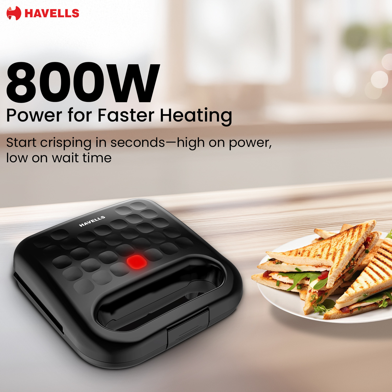 Image of HAVELLS Quick Crunch Sandwich Maker | 800 W | Power Indicator Light Toast Sandwich Maker