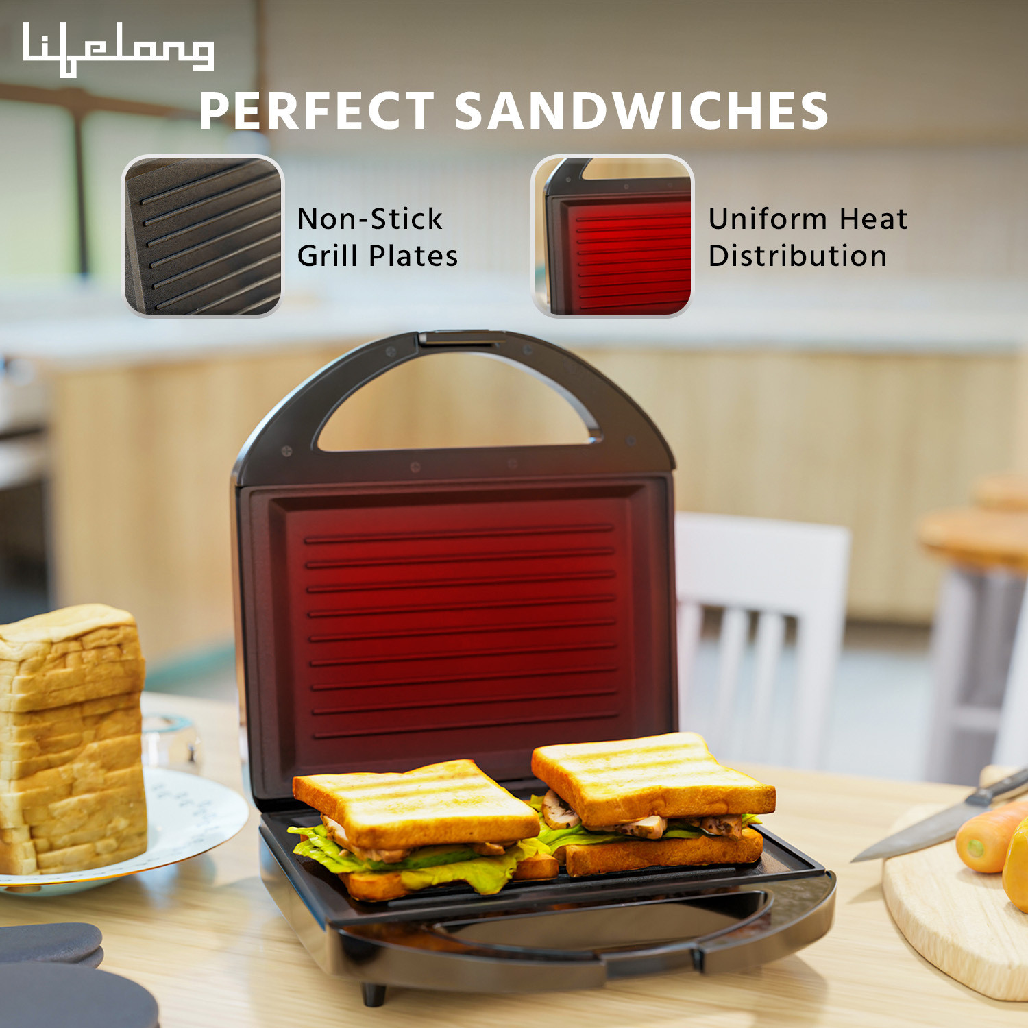 Image of Lifelong Classic Pro 750 W Sandwich Maker with 4 Slice Non-Stick Fixed Plates Grill Sandwich Maker