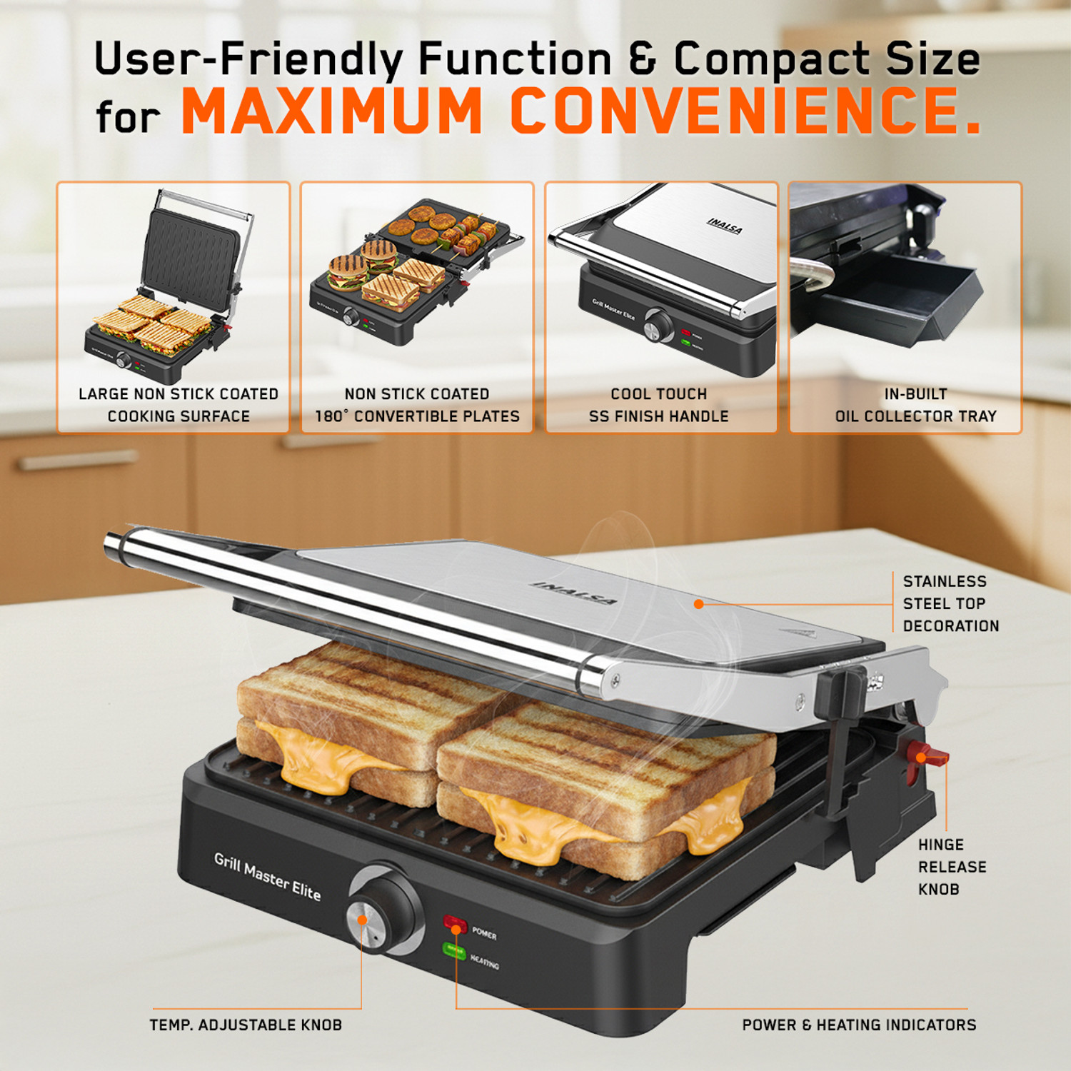 Image of Inalsa Grill Master Elite|Sandwich Maker|2200W|Large Cooking Surface|Griddle Function Grill Sandwich Maker