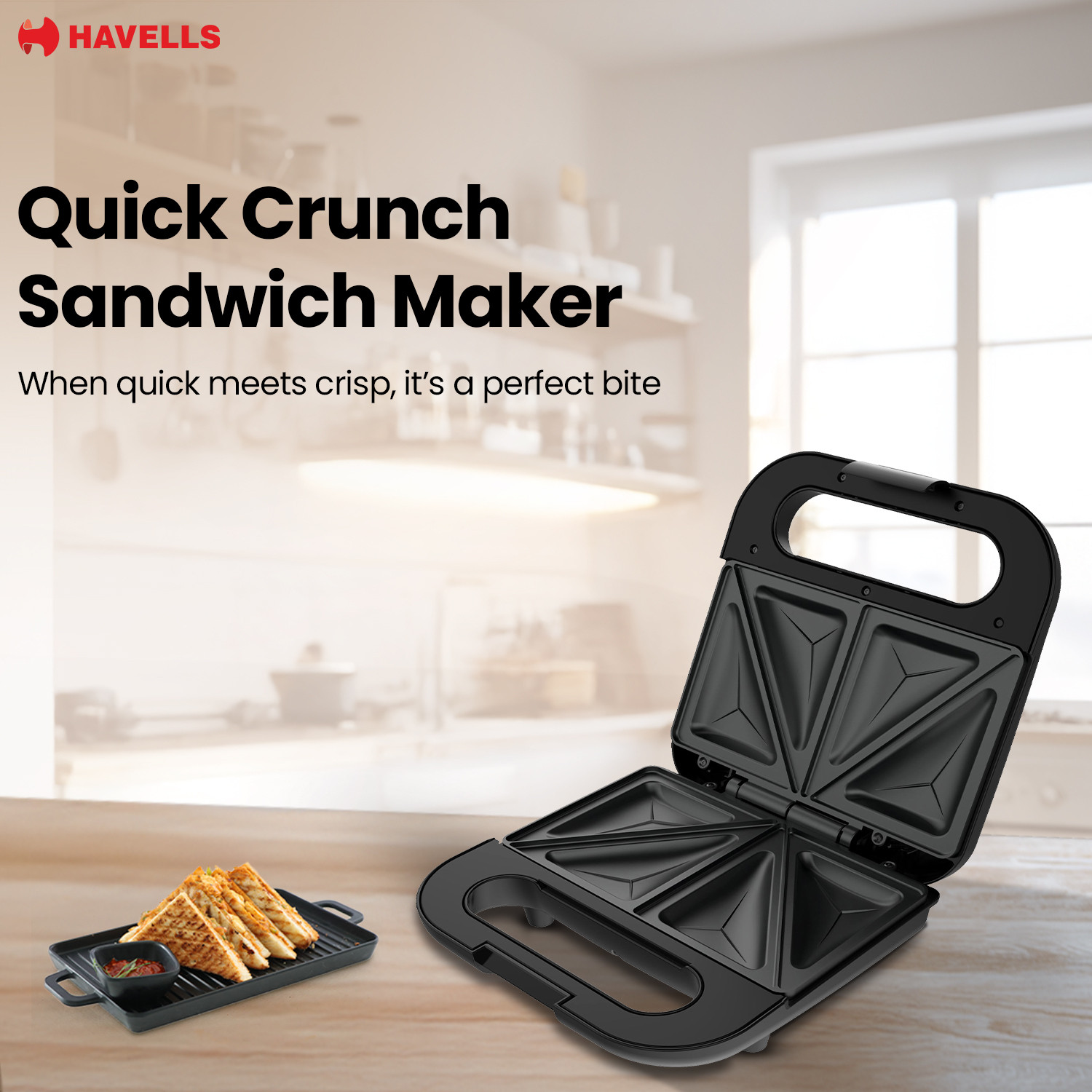 Image of HAVELLS Quick Crunch Sandwich Maker | 800 W | Power Indicator Light Toast Sandwich Maker