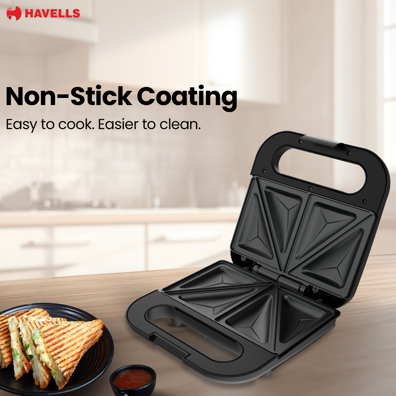 Image of HAVELLS Quick Crunch Sandwich Maker | 800 W | Power Indicator Light Toast Sandwich Maker