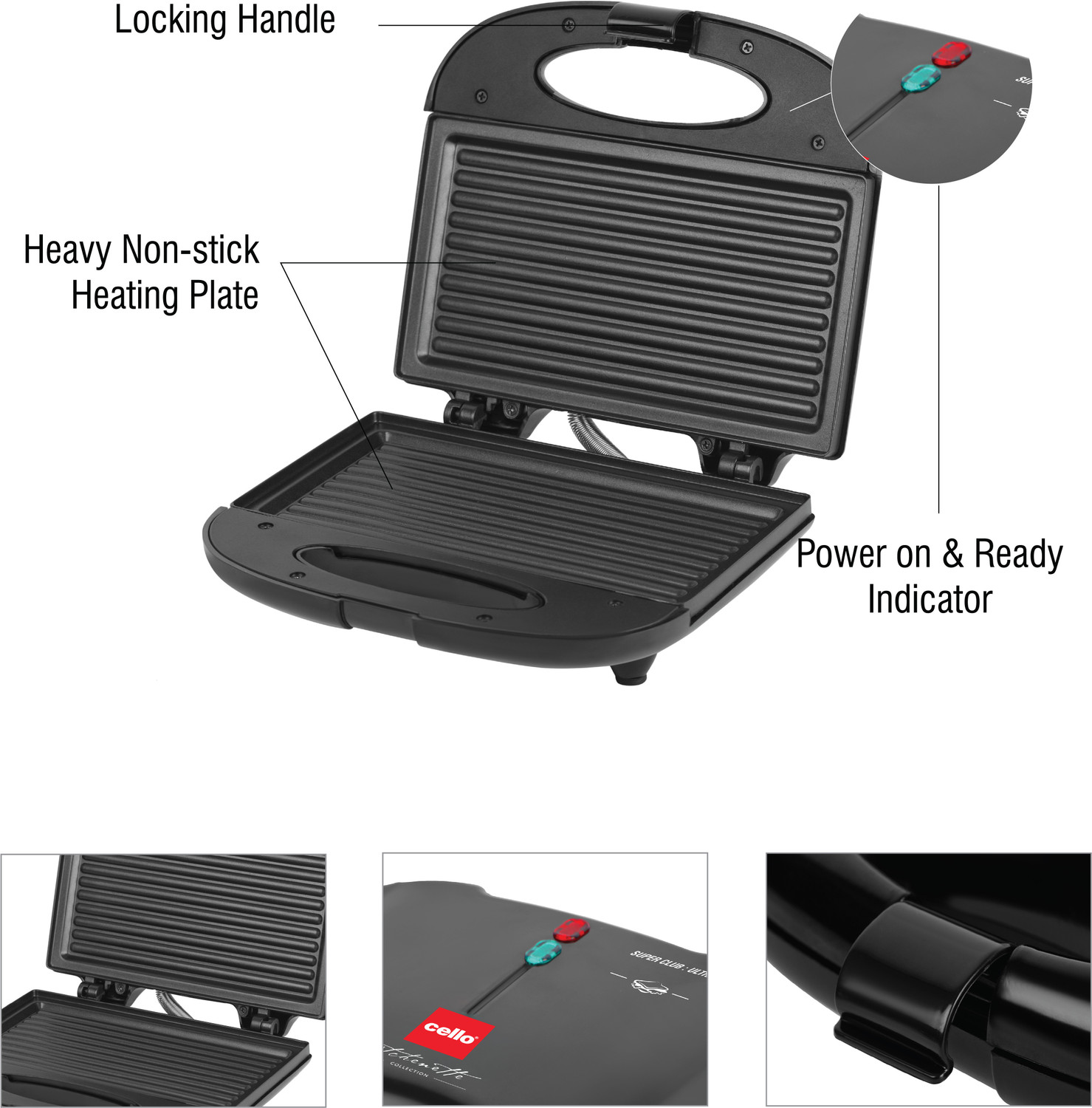 Image of cello Super Club Ultra Pro 800W Grill Sandwich Toaster with Fixed Grill Plates Grill Sandwich Maker