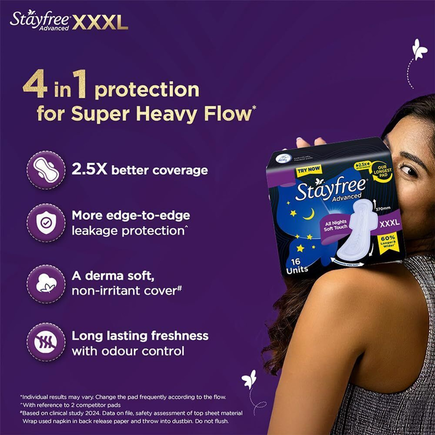 Image of STAYFREE XXXL Thin Sanitary Pads for Women | 16 Soft Cotton Pads All Night Ultra Comfort Sanitary Pad