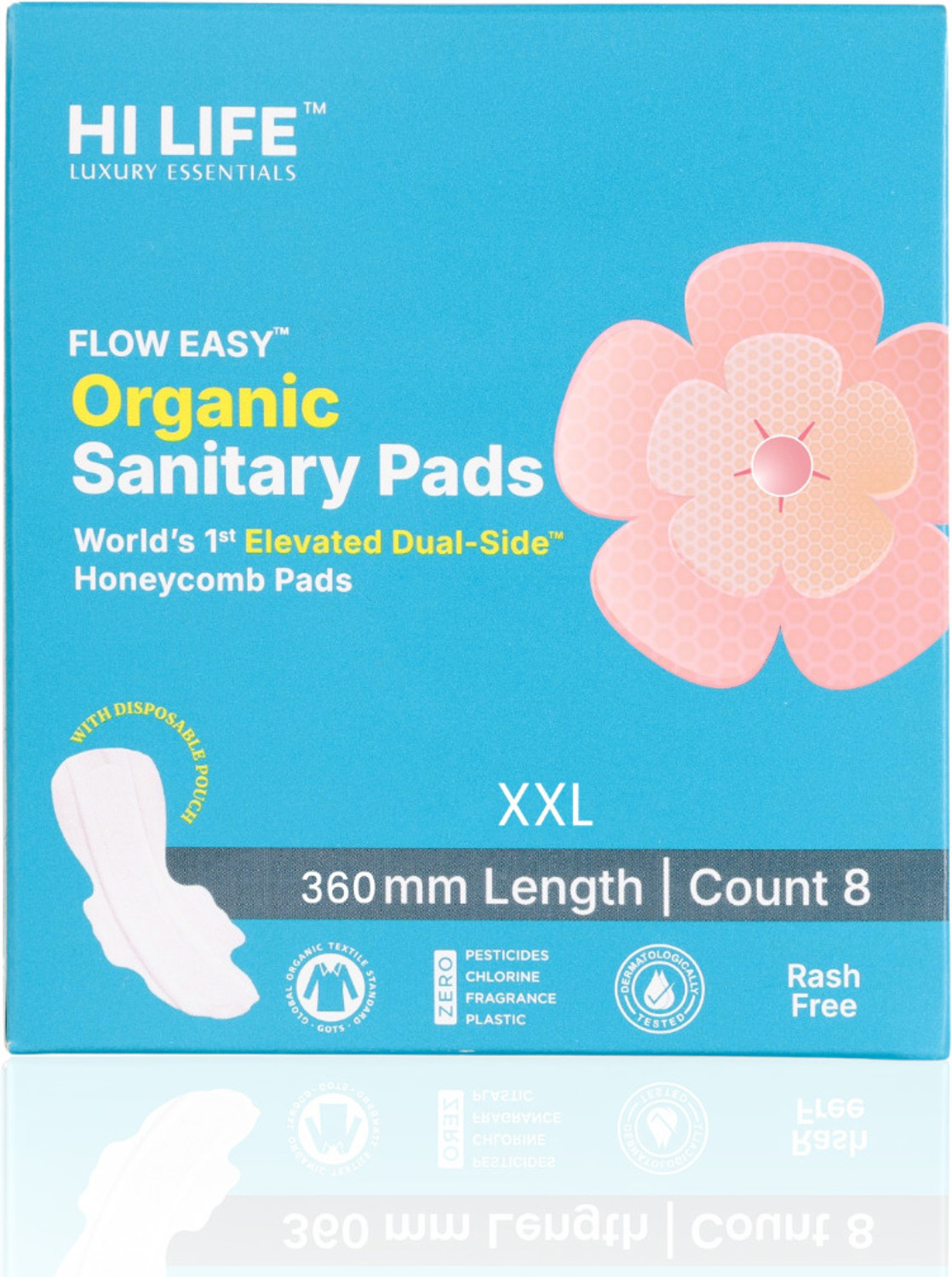 Image of Hi Life XXL Organic Sanitary Pads with Honeycomb Leak Lock for Heavy Flow Sanitary Pad (Pack of 8)