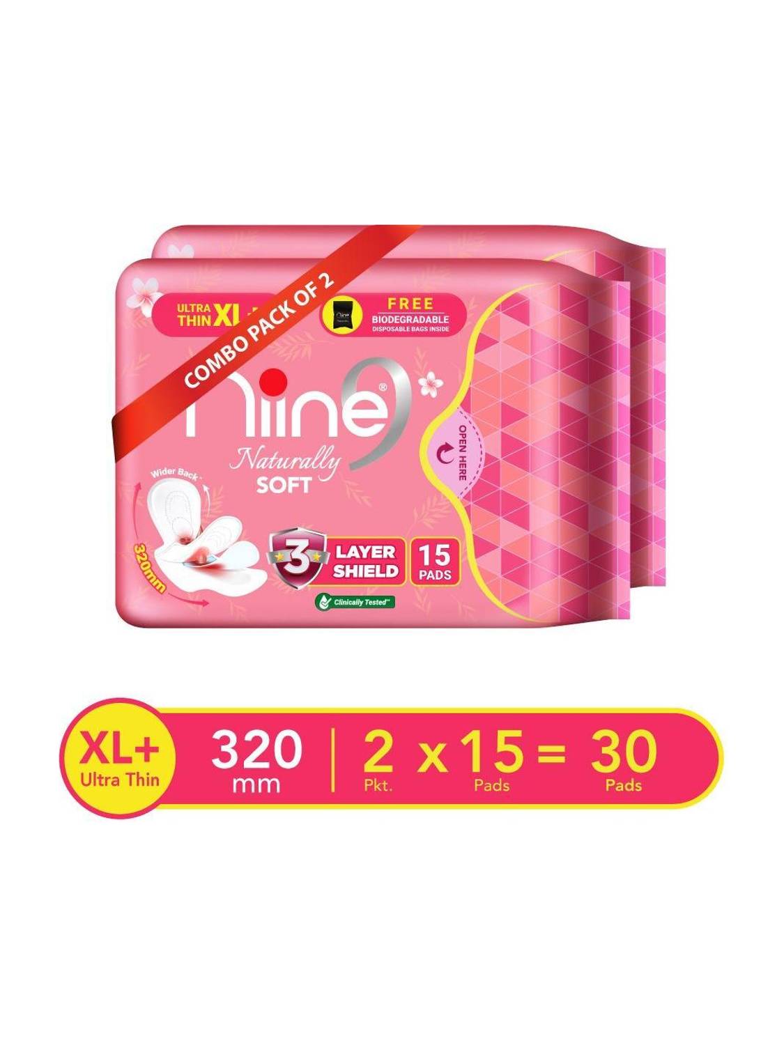 niine Naturally Soft Ultra Thin XL+ Sanitary Napkins (Disposal Bags Inside) Sanitary Pad