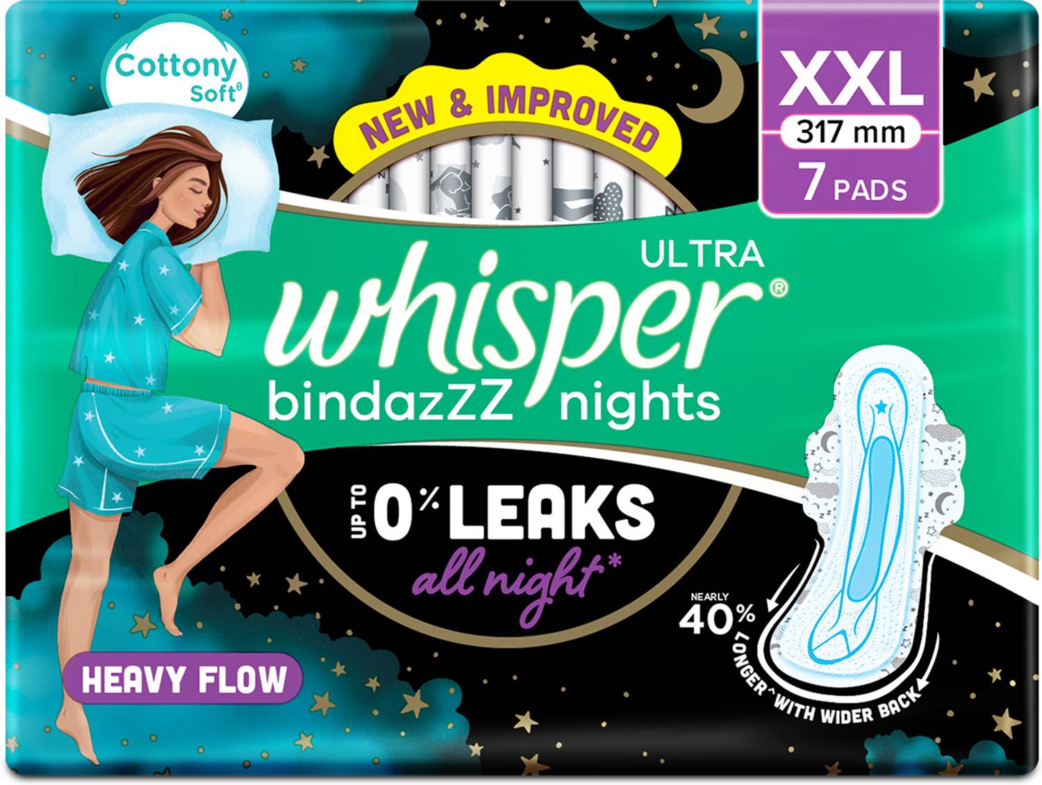 Whisper Ultra Bindazzz Nights Upto 0% Leaks All Night Long XXL Sanitary Pad