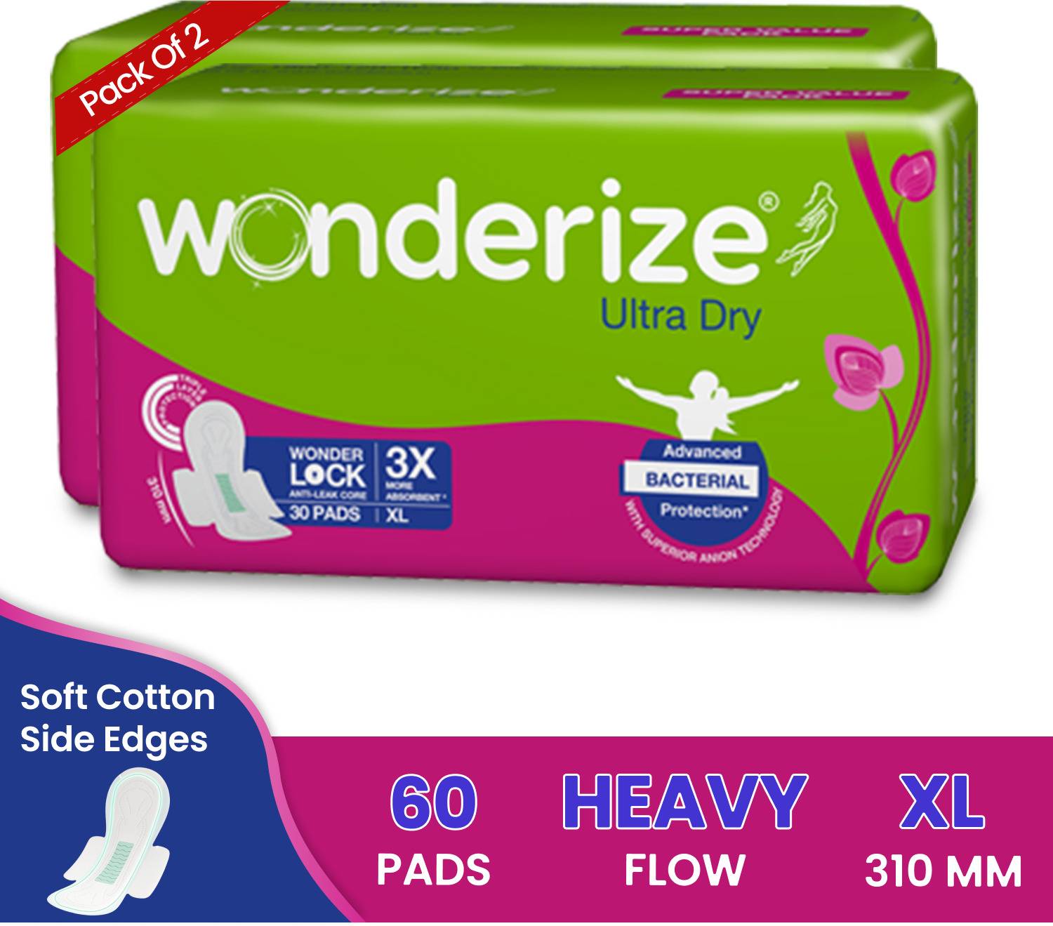 Wonderize Ultra Dry XL Sanitary Napkins For Women - 60 Pads - With advanced bacterial protection - Super Soft Side Edges For Rash Free Periods Sanitary Pad
