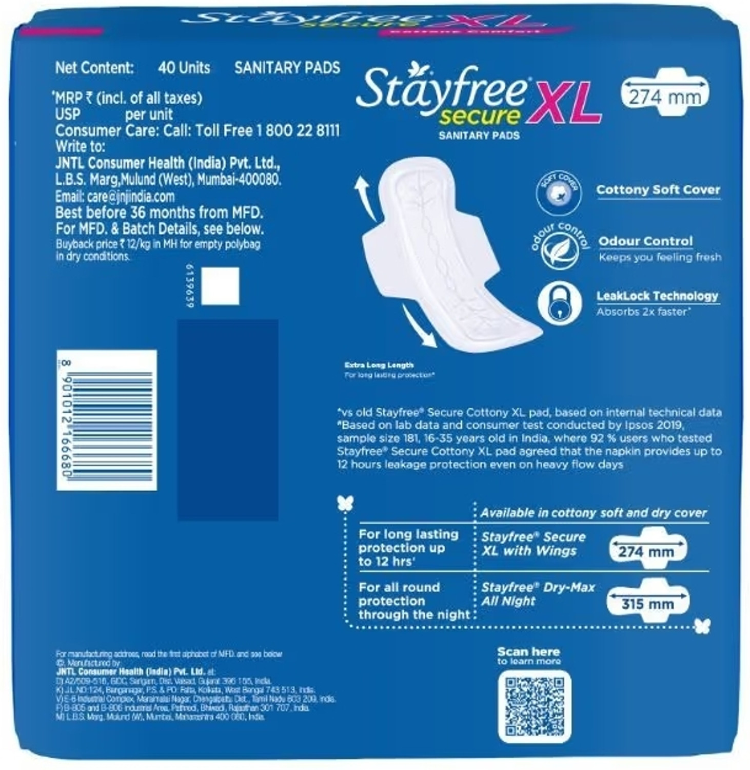 Image of STAYFREE Secure Cottony Extra Large With Wings - XL 40x2 Pcs Sanitary Pad