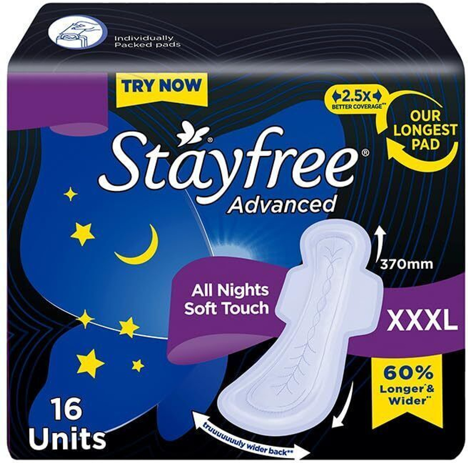Image of STAYFREE XXXL Thin Sanitary Pads for Women | 16 Soft Cotton Pads All Night Ultra Comfort Sanitary Pad