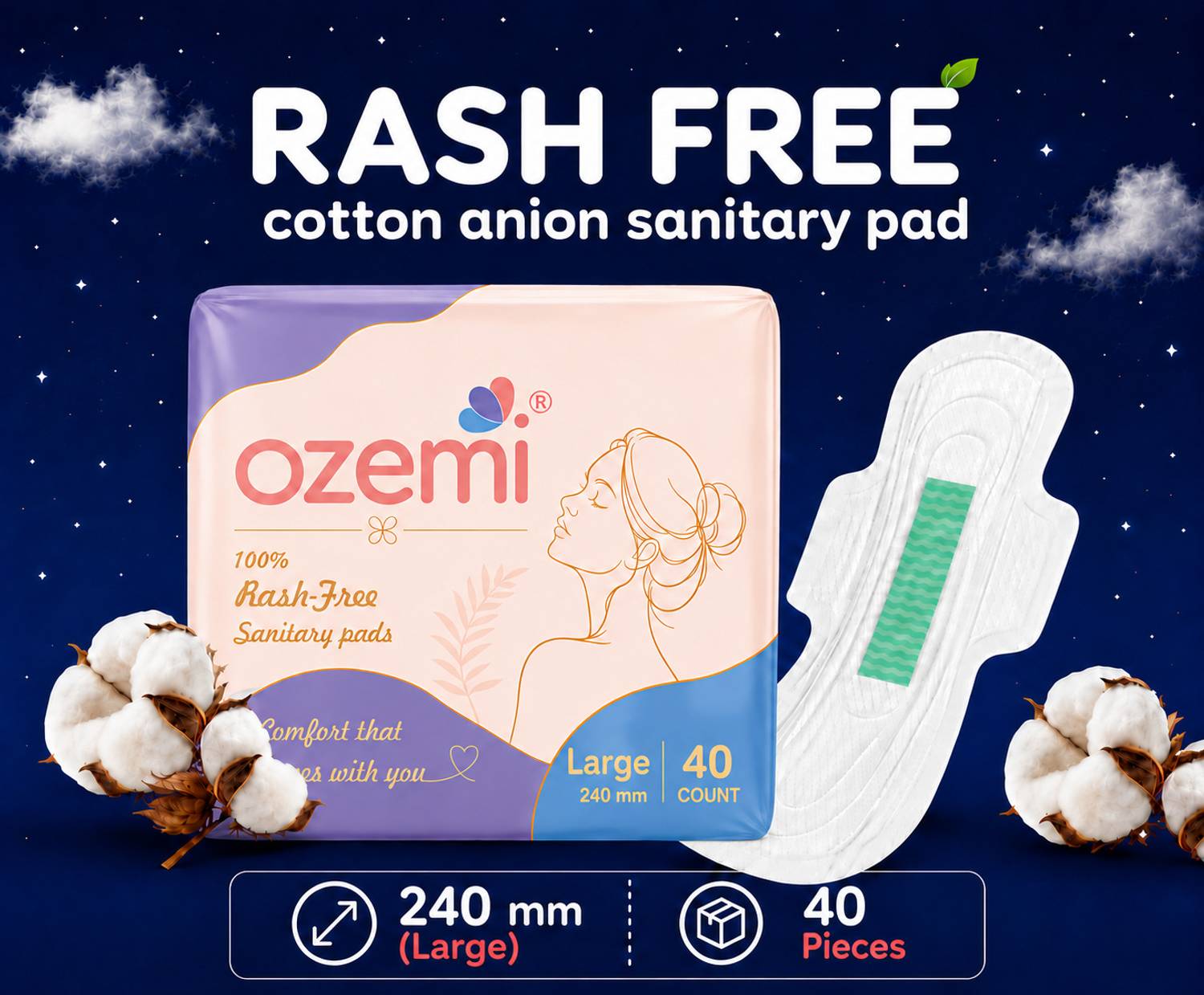 Ozemi Cotton Ultra Thin Napkin for Women with Anion Technology pack of 40 Sanitary Pad