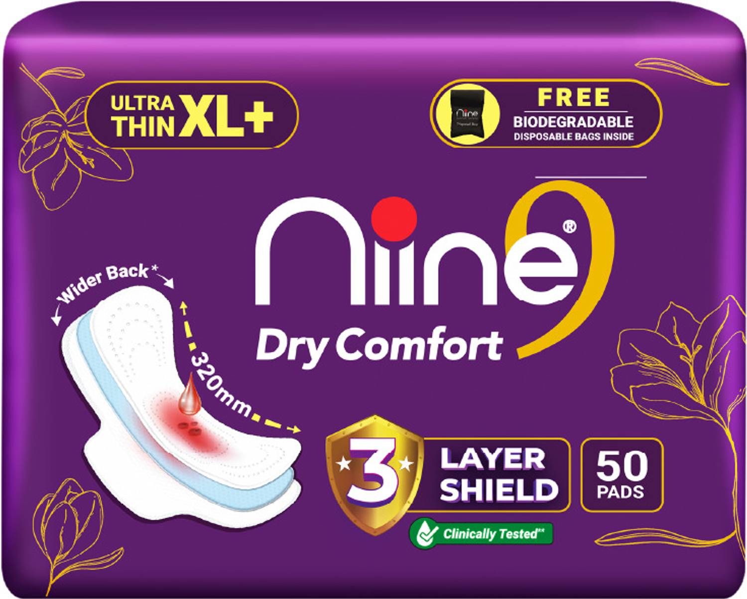 niine Dry Comfort Ultra Thin 320mm XL+ (XXL) Anti Leak with Free Disposable Bags Sanitary Pad