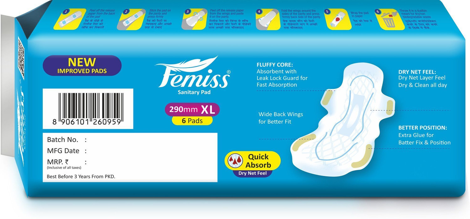 Image of Femiss Extra Absorb Overnight Sanitary Pads For Women (XL-6 Pcs Pads) Pack of 1 Sanitary Pad
