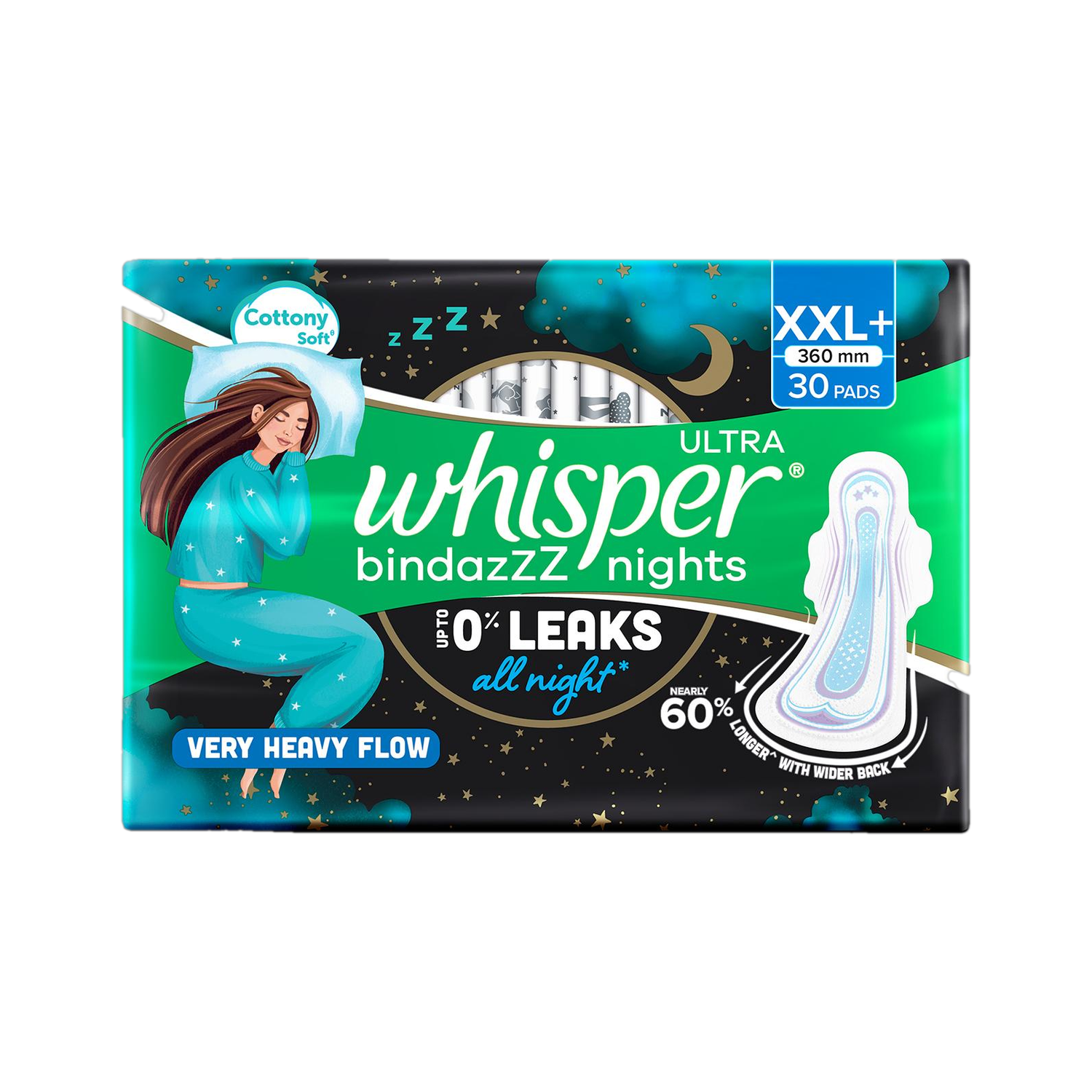 Image of Whisper Bindazzz Nights XXL+, Upto 0% Leaks All Night Long Sanitary Pad