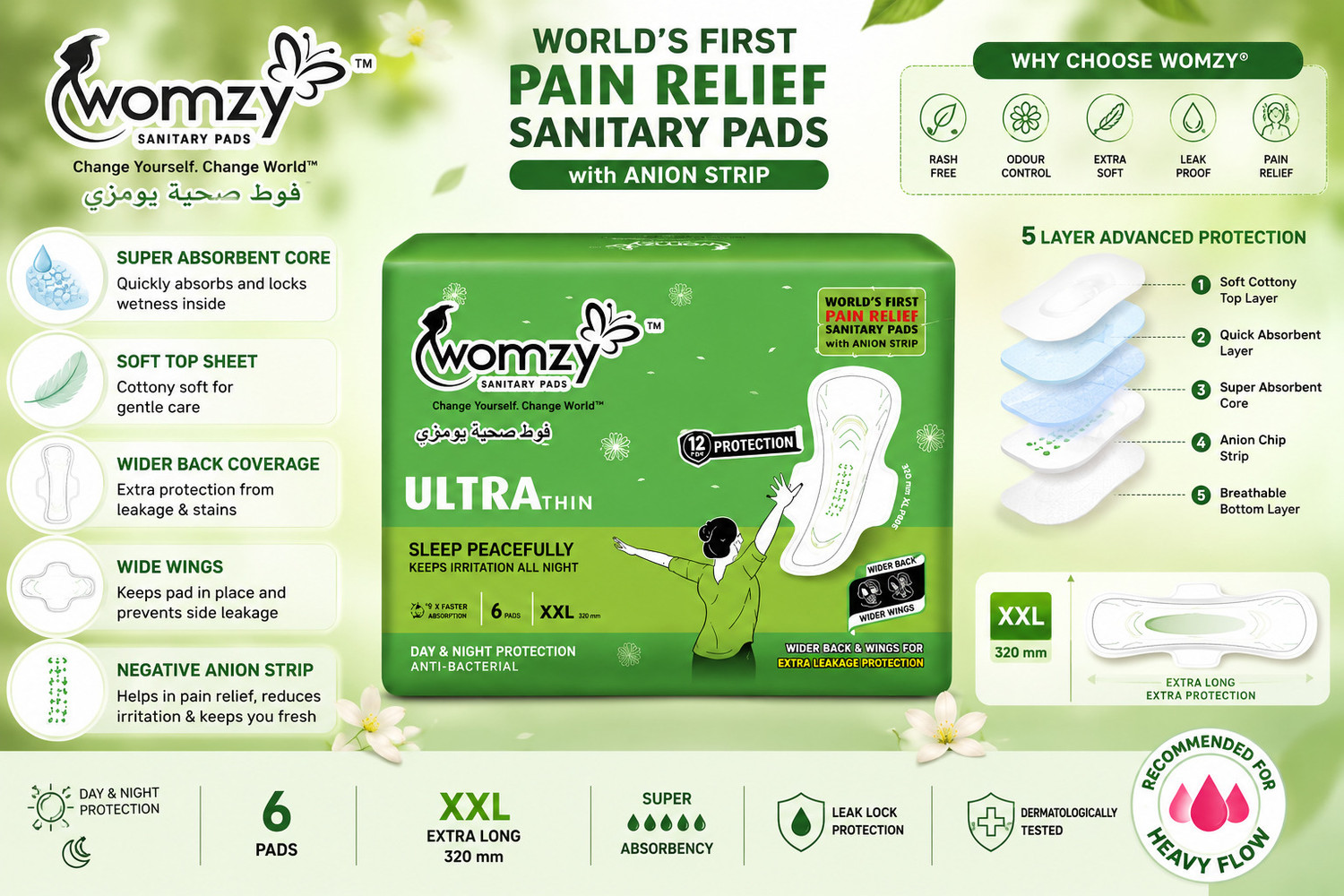 Image of Womzy Ultra Thin Pain Relief XXL 320 mm - 6 Pads Sanitary Pad