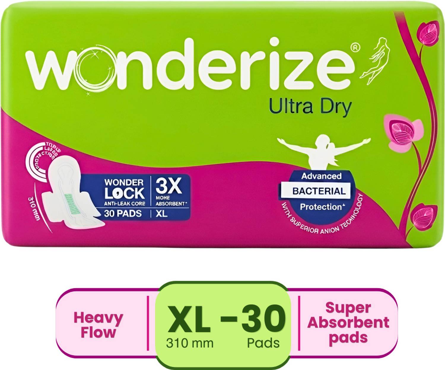 Wonderize Ultra Dry XL Sanitary Napkins For Women - 30 Pads - With advanced bacterial protection - Super Soft Side Edges For Rash Free Periods Sanitary Pad