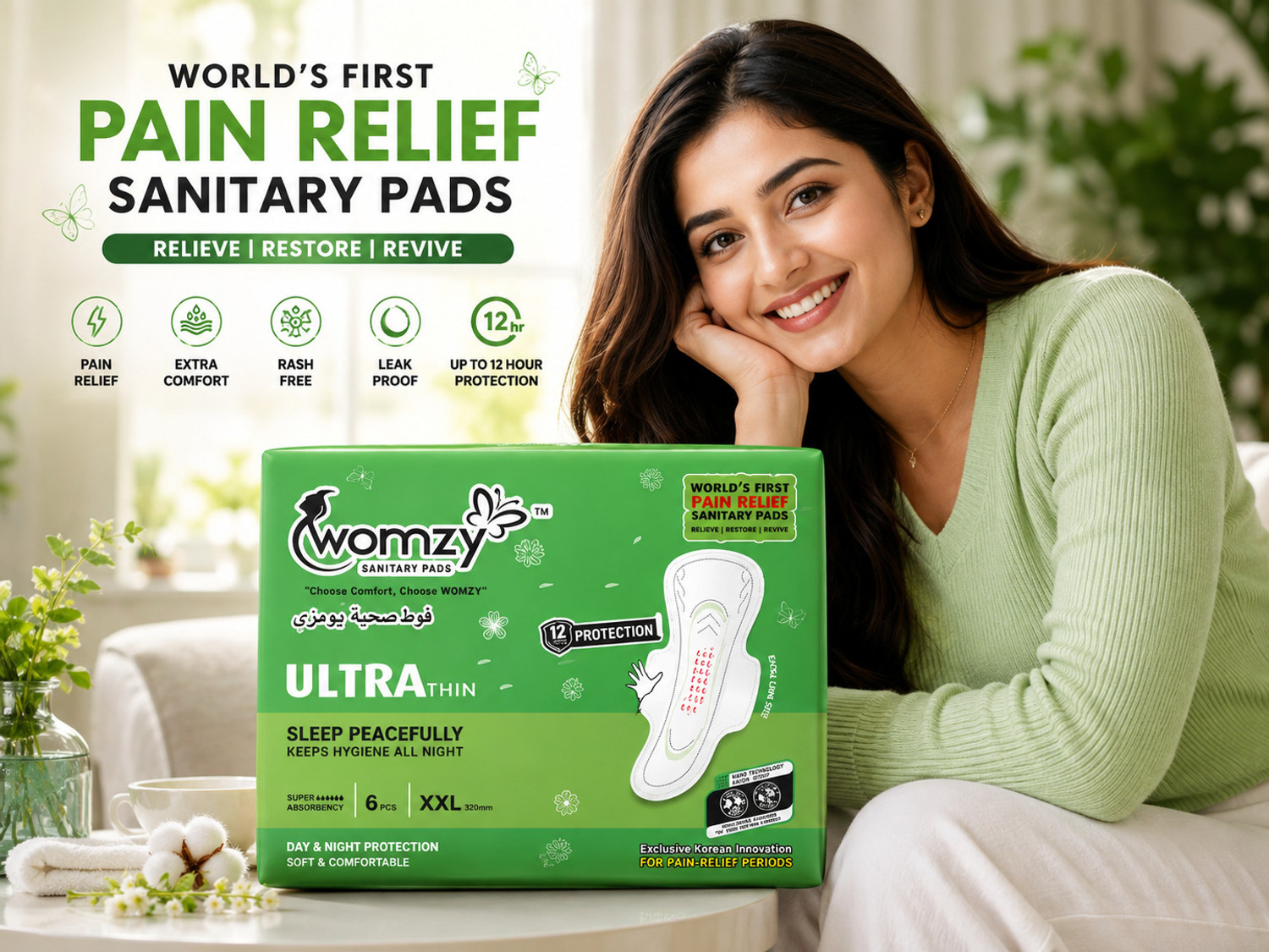 Image of Womzy Ultra Thin Pain Relief XXL 320 mm - 6 Pads Sanitary Pad