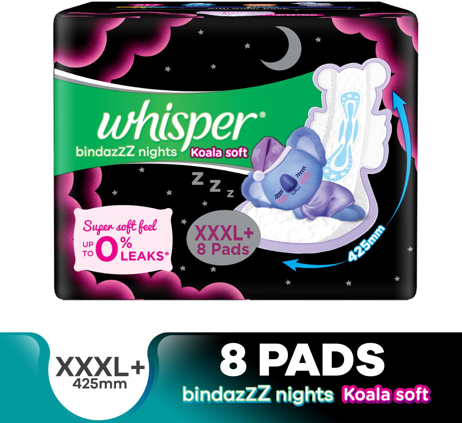 Image of Whisper BINDAZZZ NIGHTS KOALA SOFT XXXL+ , UPTO 0% LEAKS Sanitary Pad