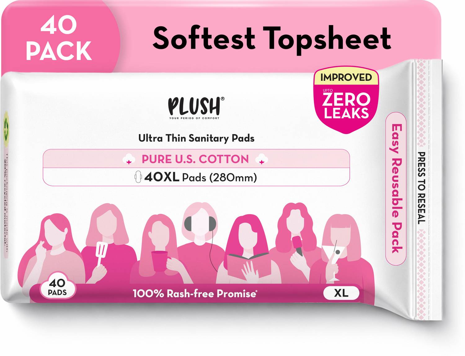 PLUSH 100% U.S Cotton Rashfree Sanitary Pads - Pack of 40 XL Sanitary Pad