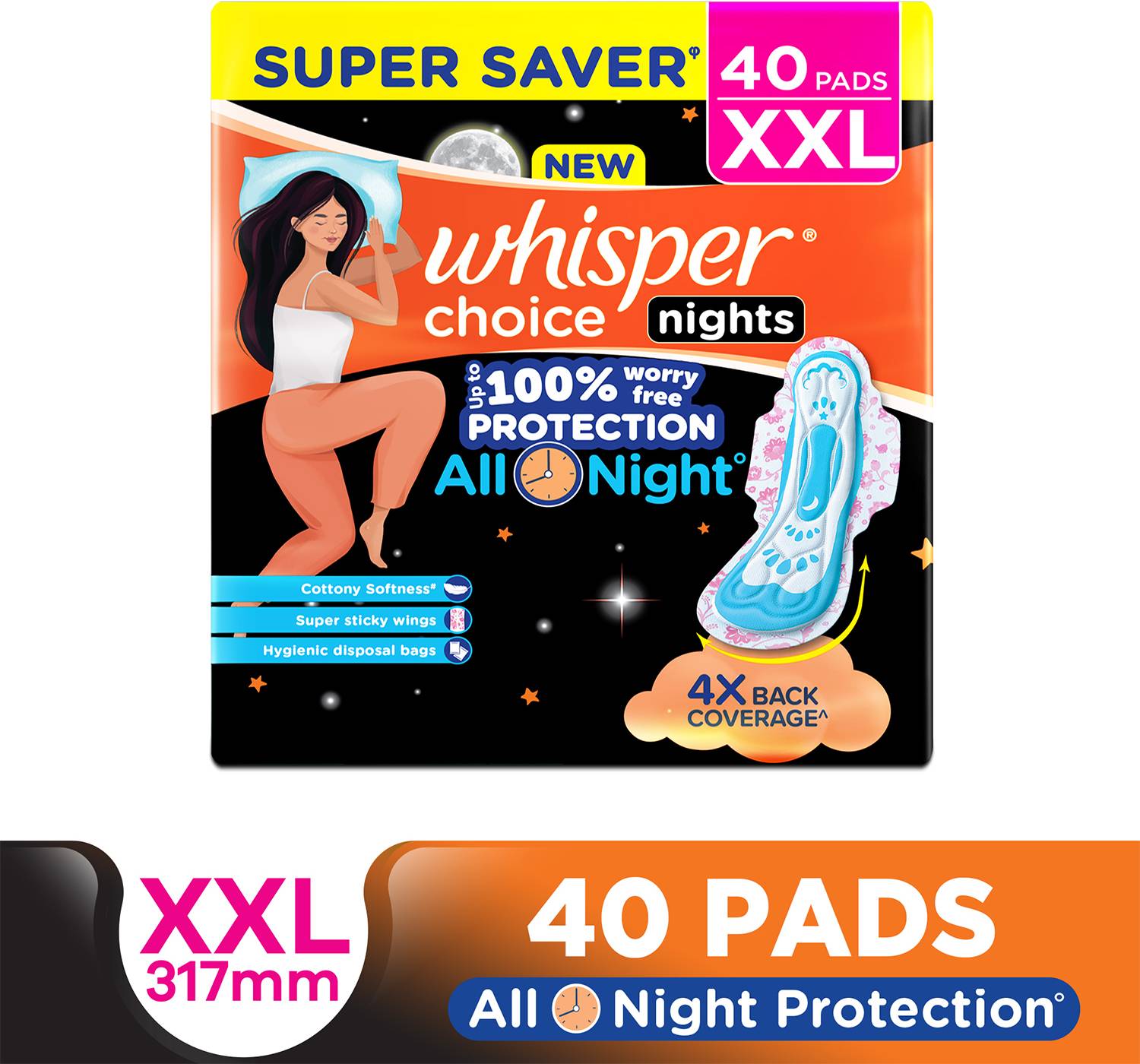 Whisper Choice Nights, 40 XXL Pads, with 4x Back Coverage^ Sanitary Pad