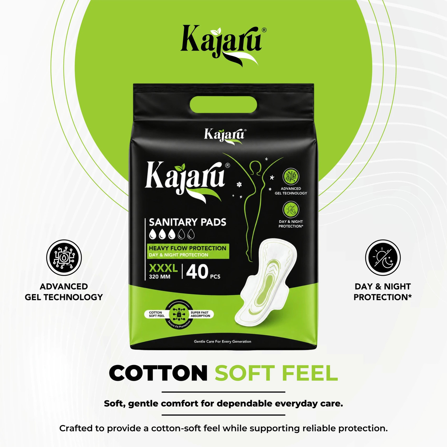Image of KAJARU Sanitary Napkins for Heavy Flow, Leak-Free, Soft, Ultra Absorbent,320mm XXXL Sanitary Pad