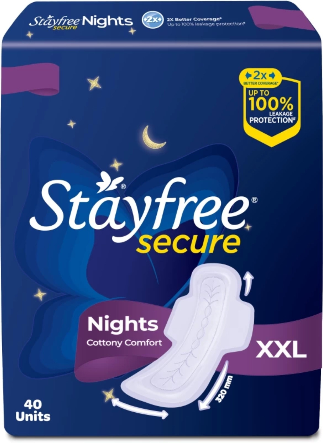 Image of STAYFREE Secure Nights|Cottony Comfort|Upto 100% leakage protection|Odour Control Sanitary Pad (Pack of 40)