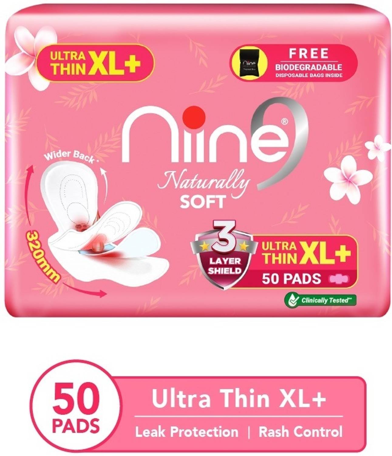 niine Naturally Soft Ultra Thin XL+Disposable Bag inside, 3Layer Shield for Heavy Flow Sanitary Pad