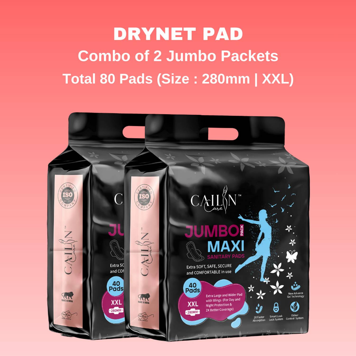 Cailin Care Instant Dry Sanitary Napkins (Size - XXL | 280mm) Sanitary Pad
