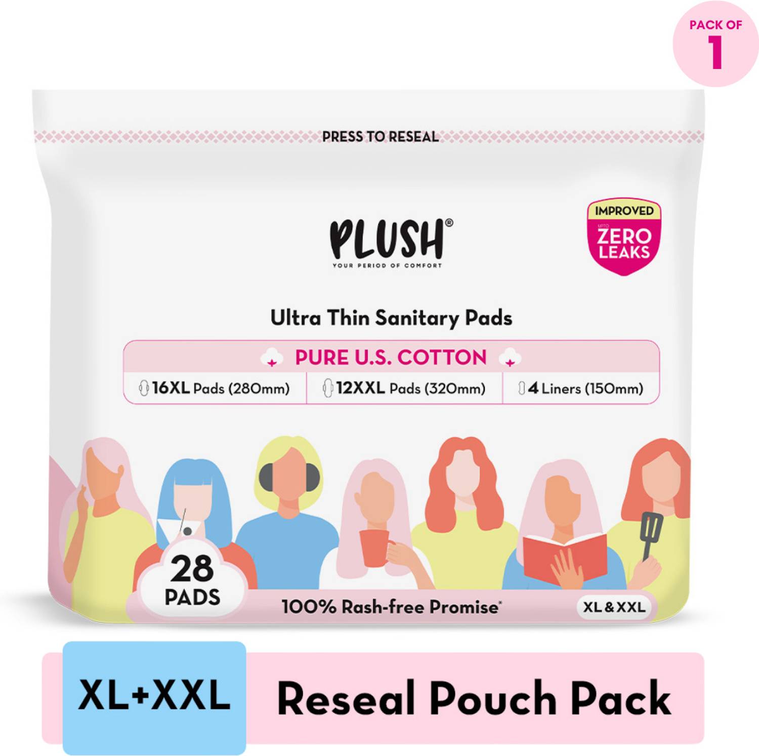 PLUSH 100% Pure U.S. Cotton Rash Free Resealable (12 XXL+ 16 XL+4 Liners) Sanitary Pad