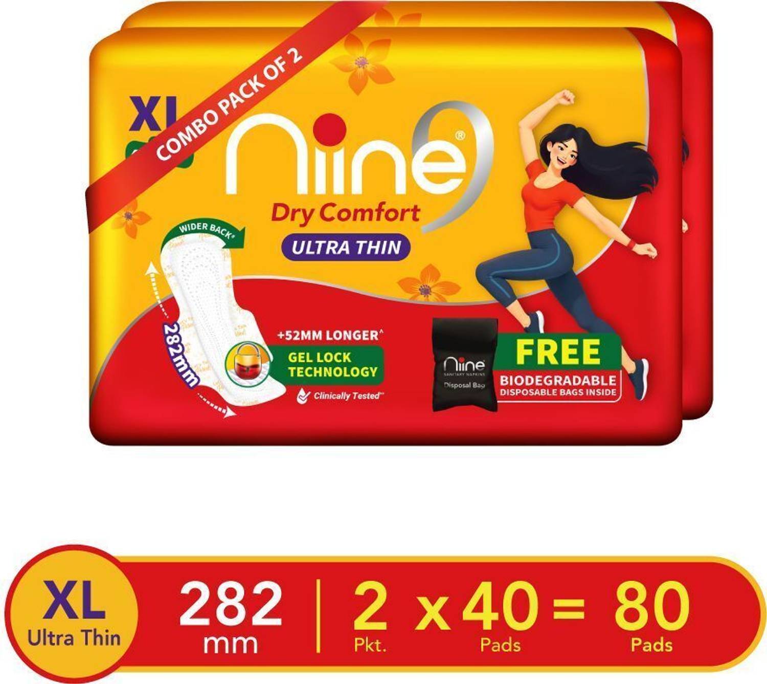 niine Dry Comfort Ultra Thin XL Lock Gel Technology Disposable Bag Inside, Combo of 2 Sanitary Pad