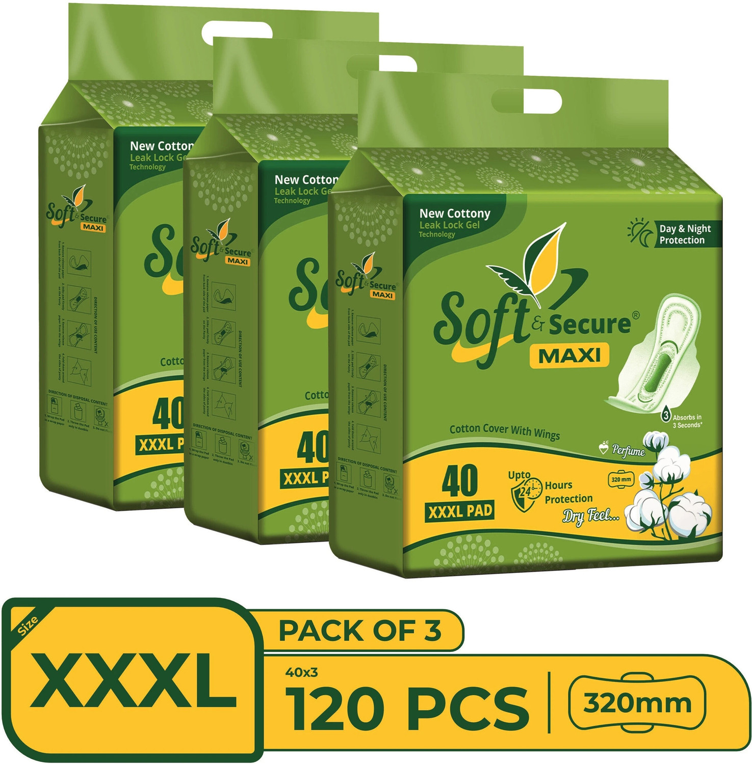 Image of soft & secure Cotton Soft With Extra Gel Overnight Sanitary Pads Pack 3 (120 Pads) Sanitary Pad
