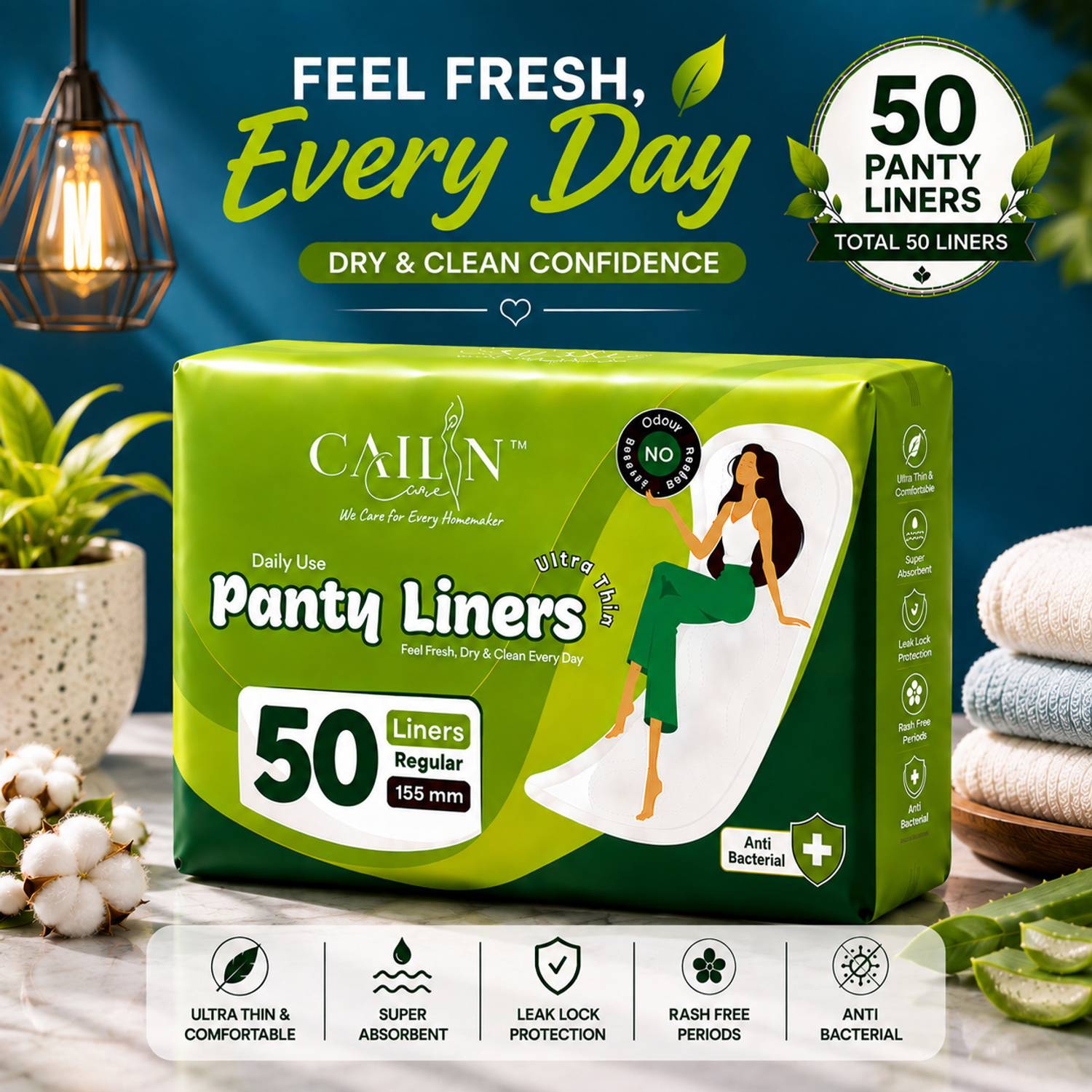Cailin Care Daily Use Anion Chip Good Quality (Size - 155mm|Regular) Tryfold Pantyliner