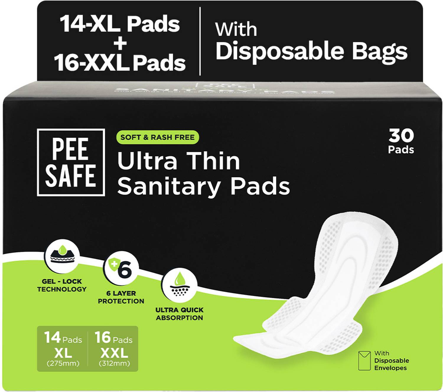 Pee Safe Ultra Thin Sanitary Pad For Women (14 XL + 16 XXL) Dual Wings Rash Free Periods Sanitary Pad