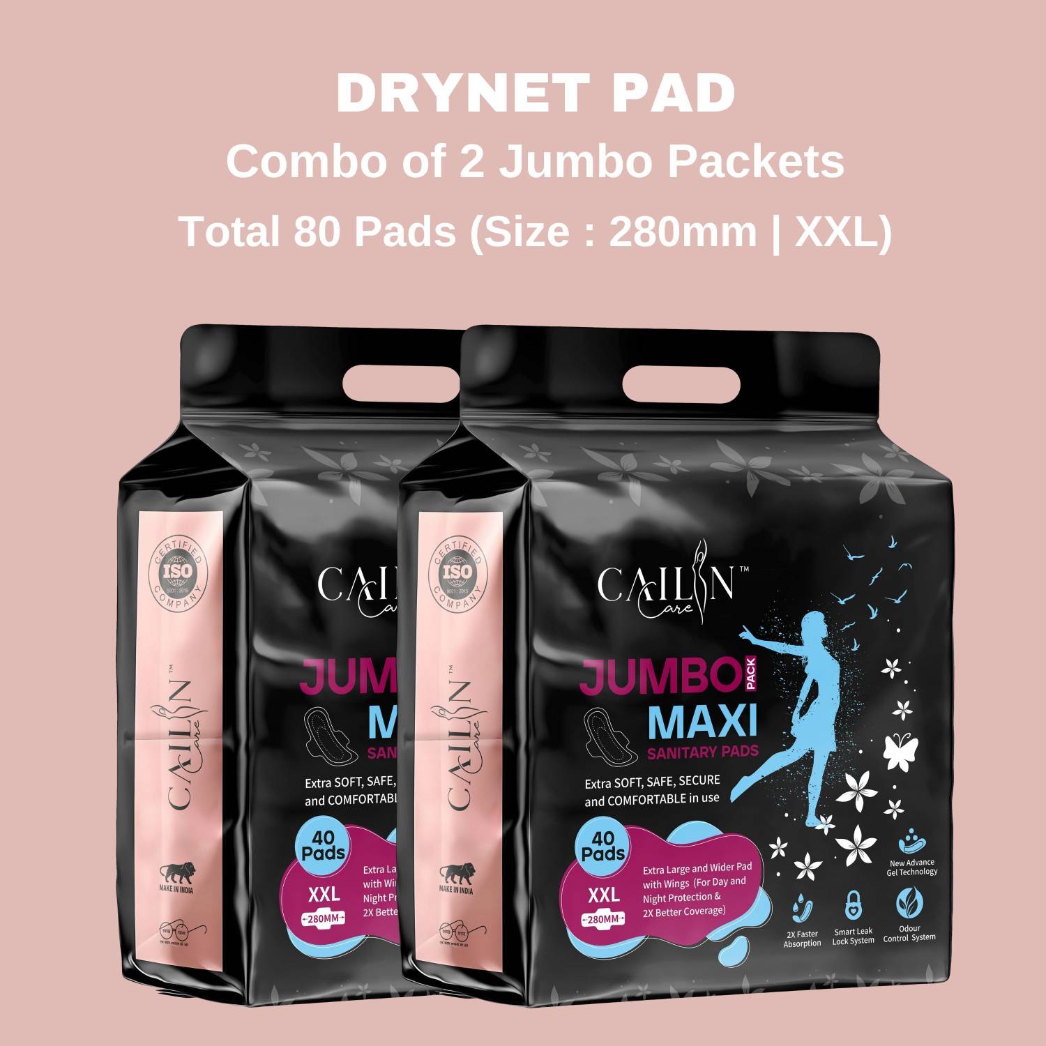 Cailin Care 280mm - XXL Jumbo INSTANT DRY Antibacterial Rash Free Extra Soft Combo Sanitary Pad
